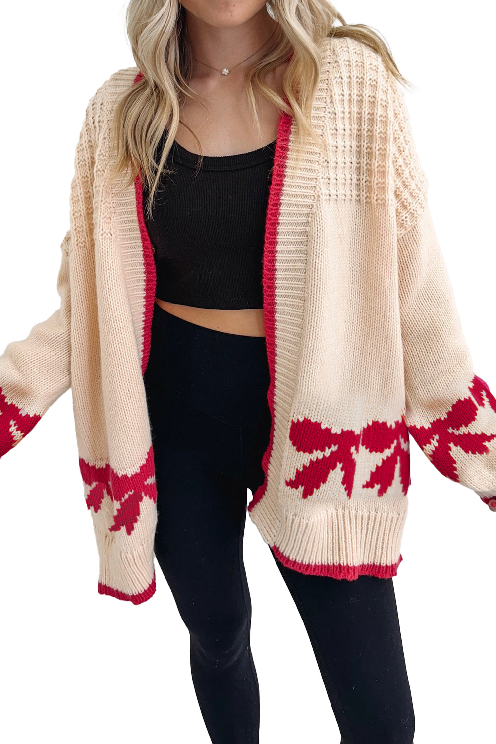 Apricot Bow Pattern Textured Open Front Baggy Cardigan