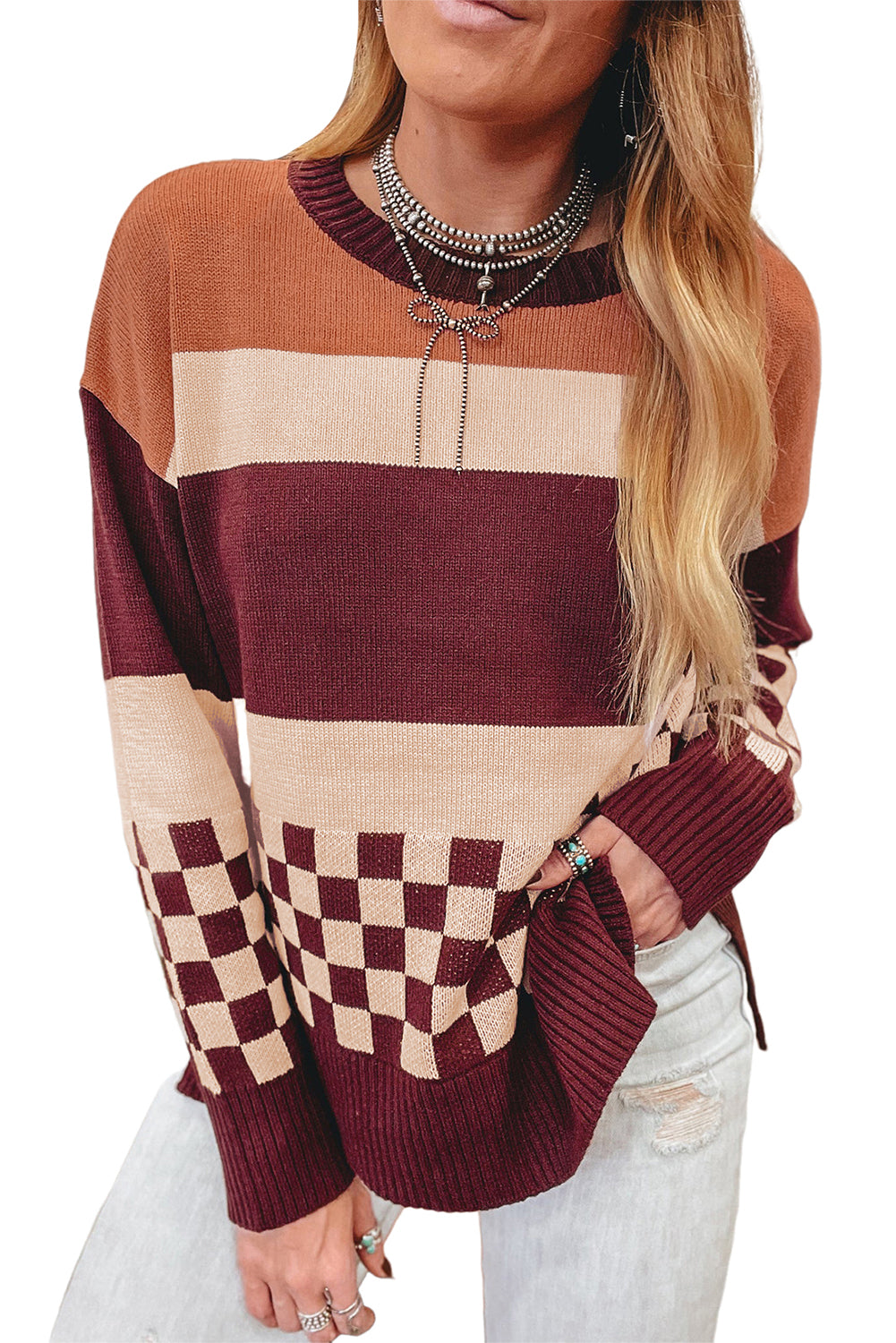 Brown Checkered Colorblock Knitted Drop Shoulder Sweater