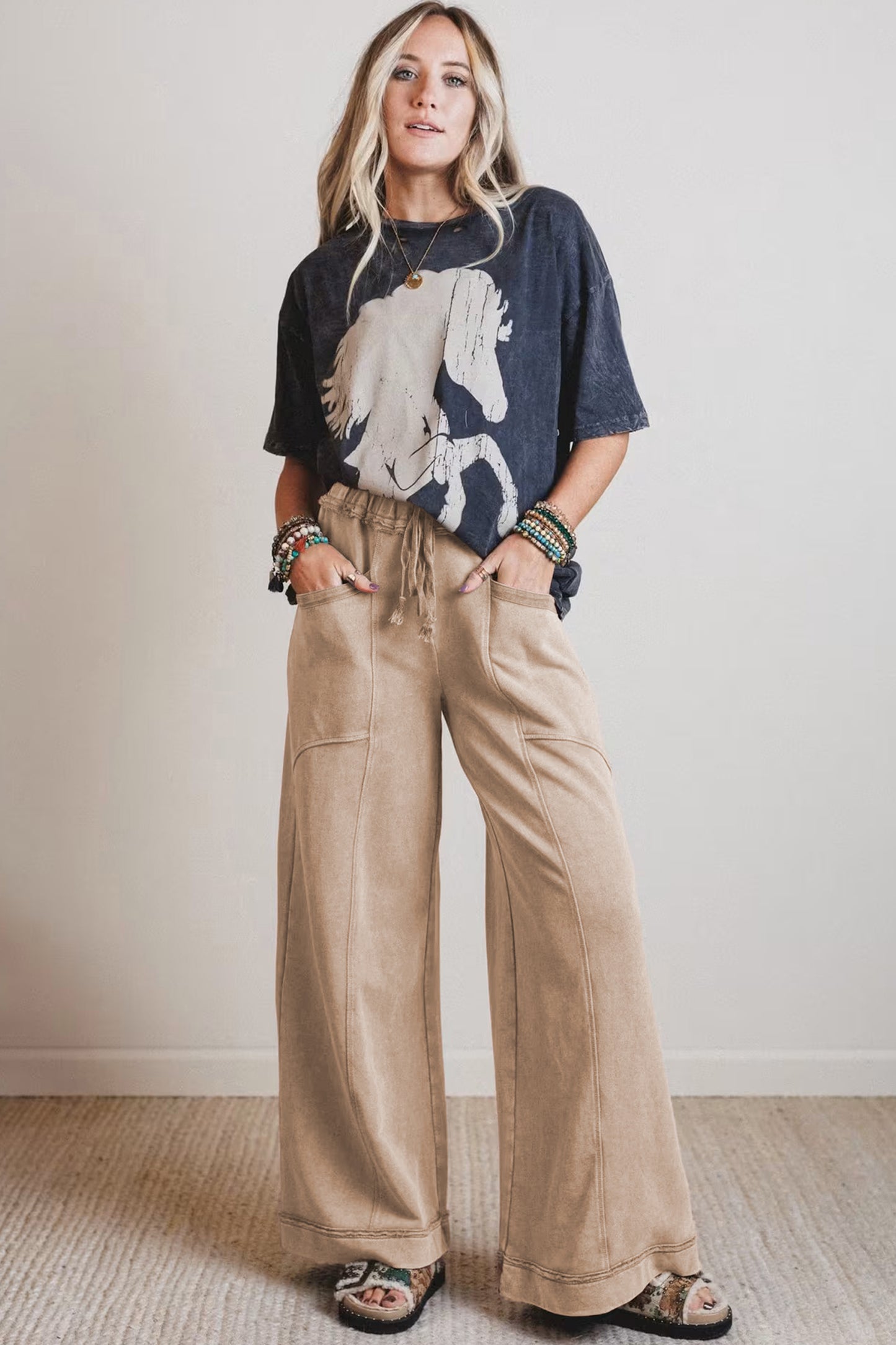 Ashleigh Blue Mineral Wash Drawstring Retro High Waist Wide Leg Western Pants