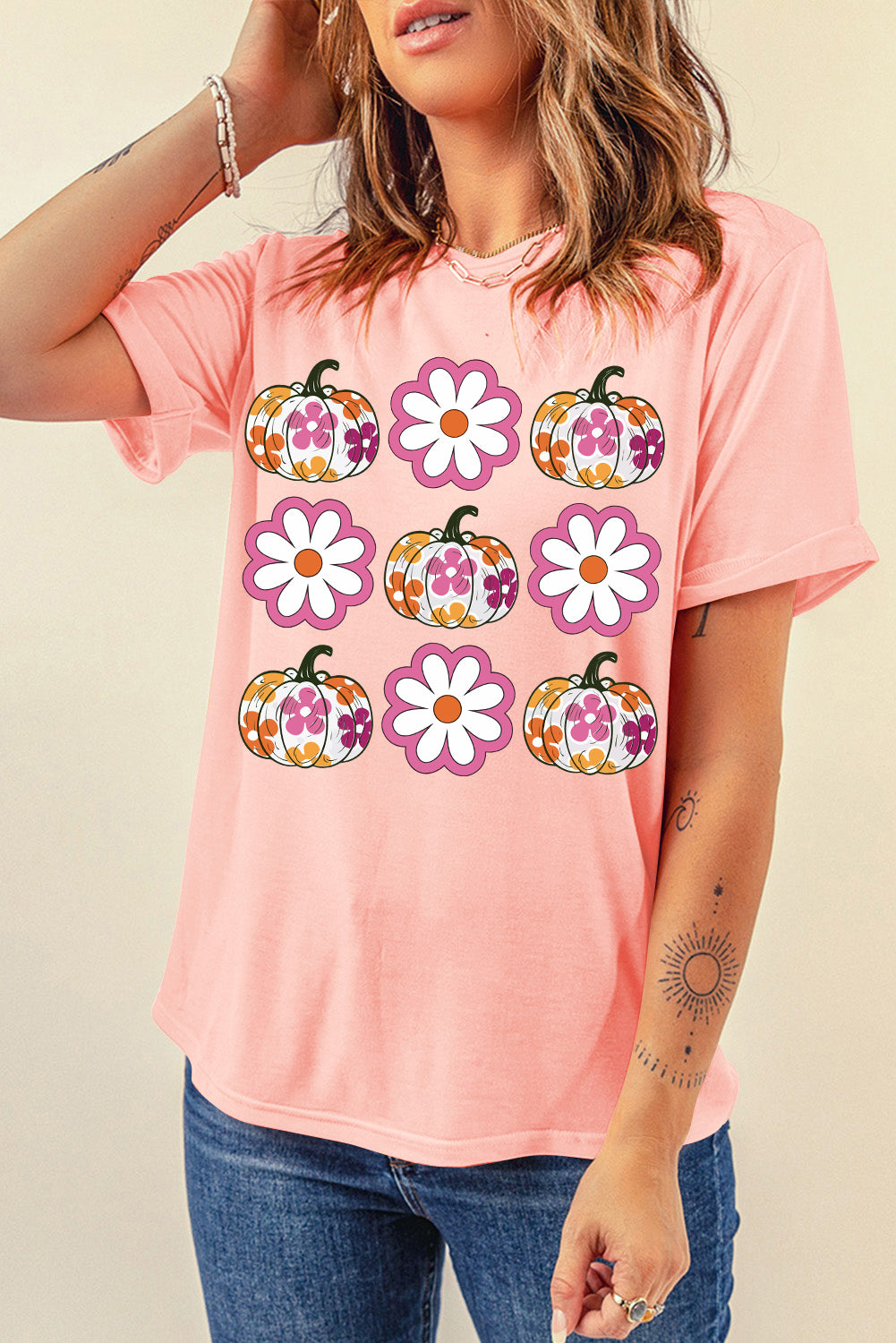 Pink Floral Pumpkin Thanksgiving Holiday Funny Graphic T Shirt