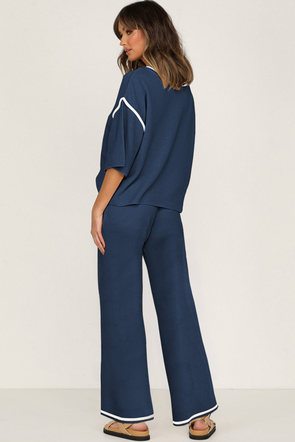 Navy Blue Loose Contrast Trim Half Sleeve Top and Drawstring Pants Set