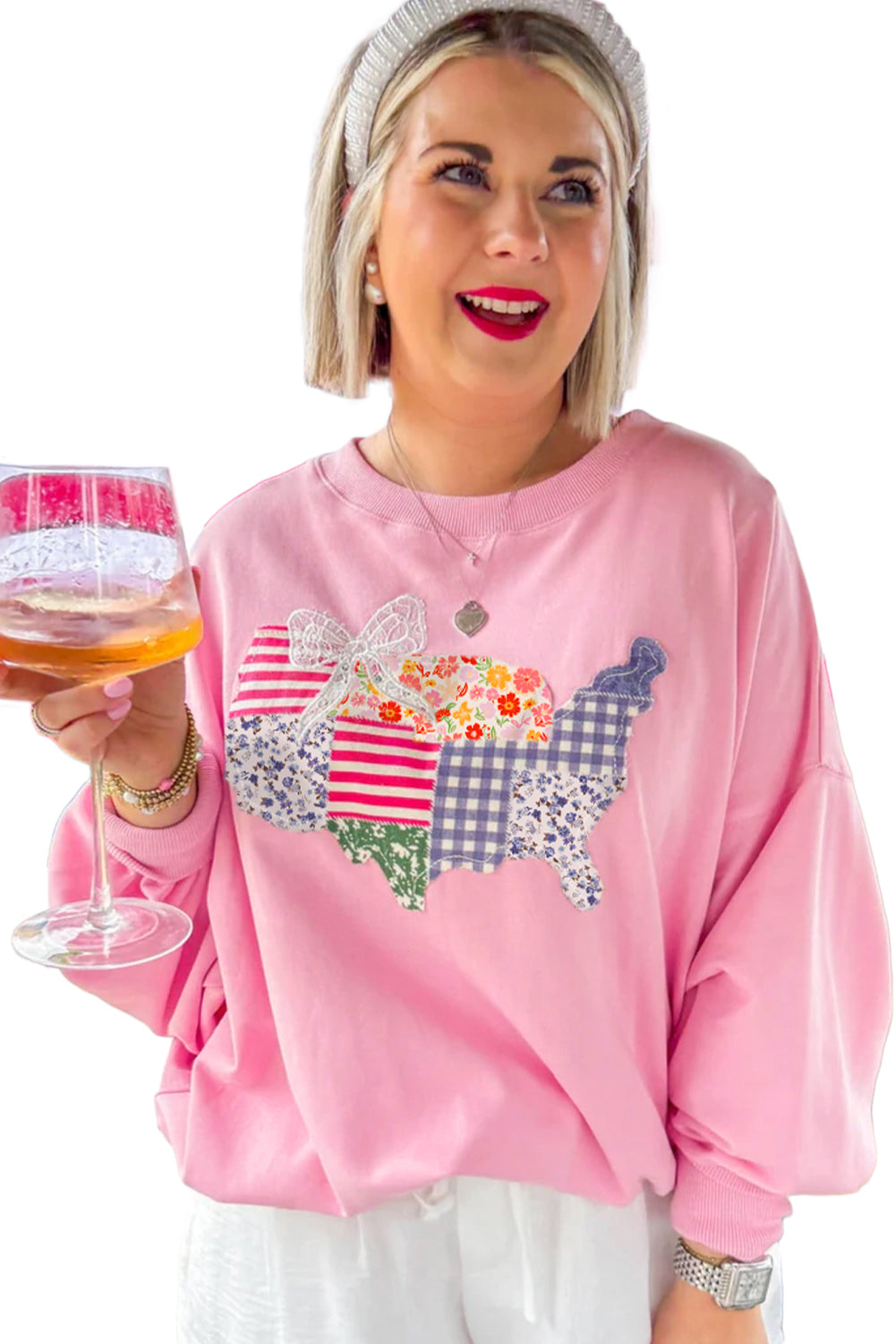 Pink Floral USA Map Patched Graphic Patriotic Sweatshirt