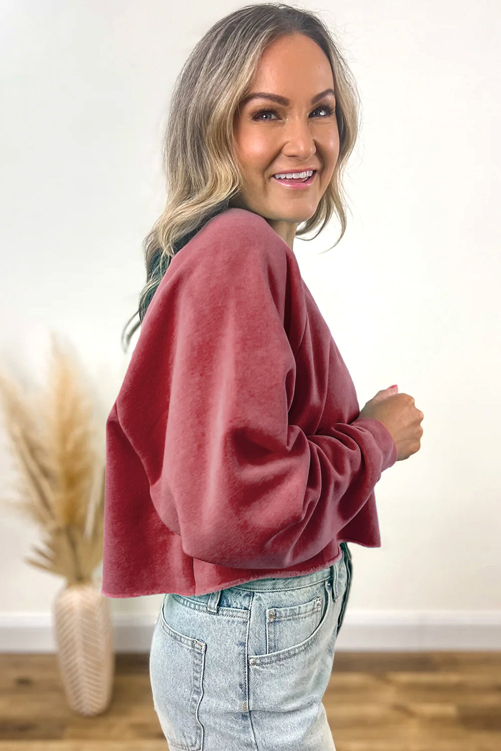 Racing Red Solid Color Raglan Sleeve Pullover Sweatshirt