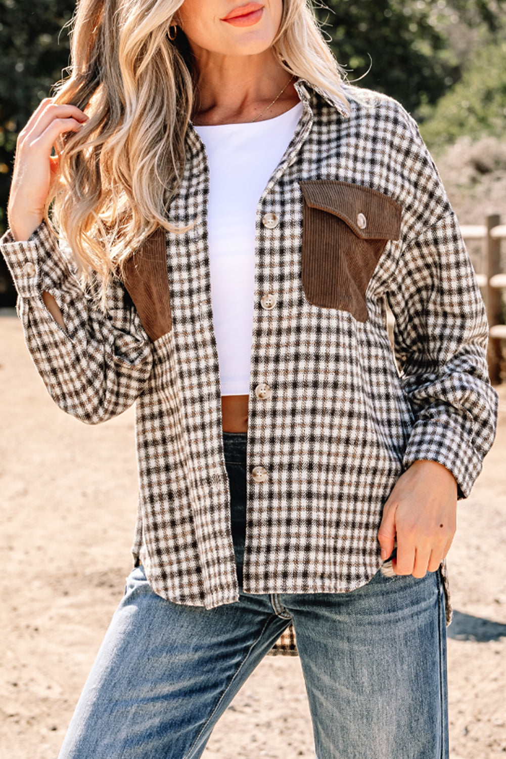 Corduroy Flap Pocket Patchwork Plaid Shacket