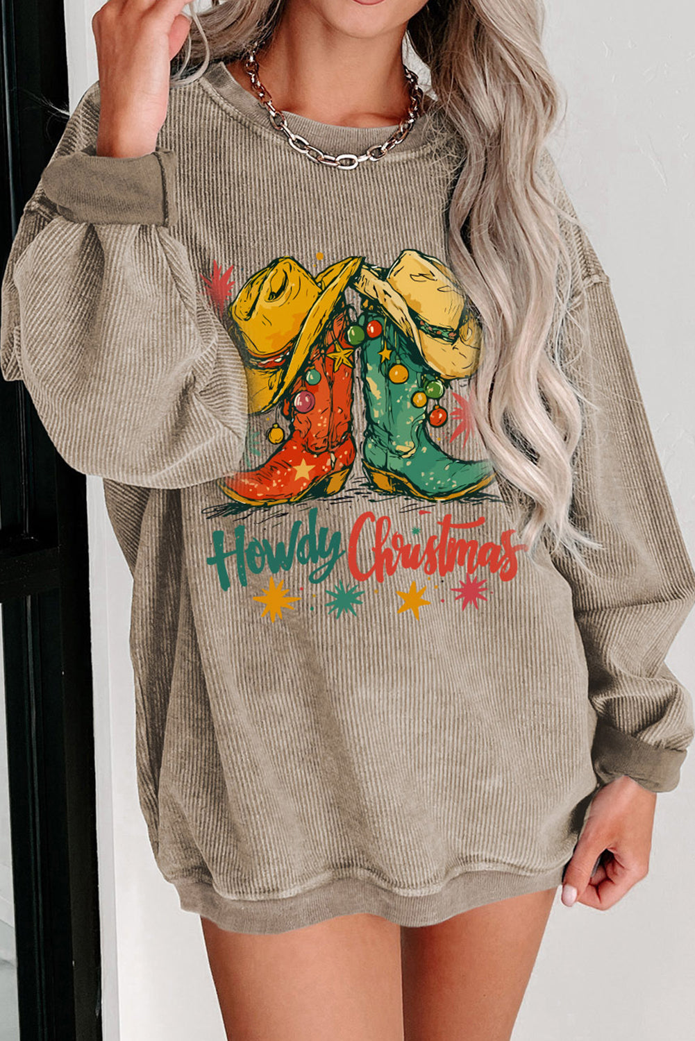 Khaki Howdy Christmas Cowboy Boots Graphic Corded Sweatshirt