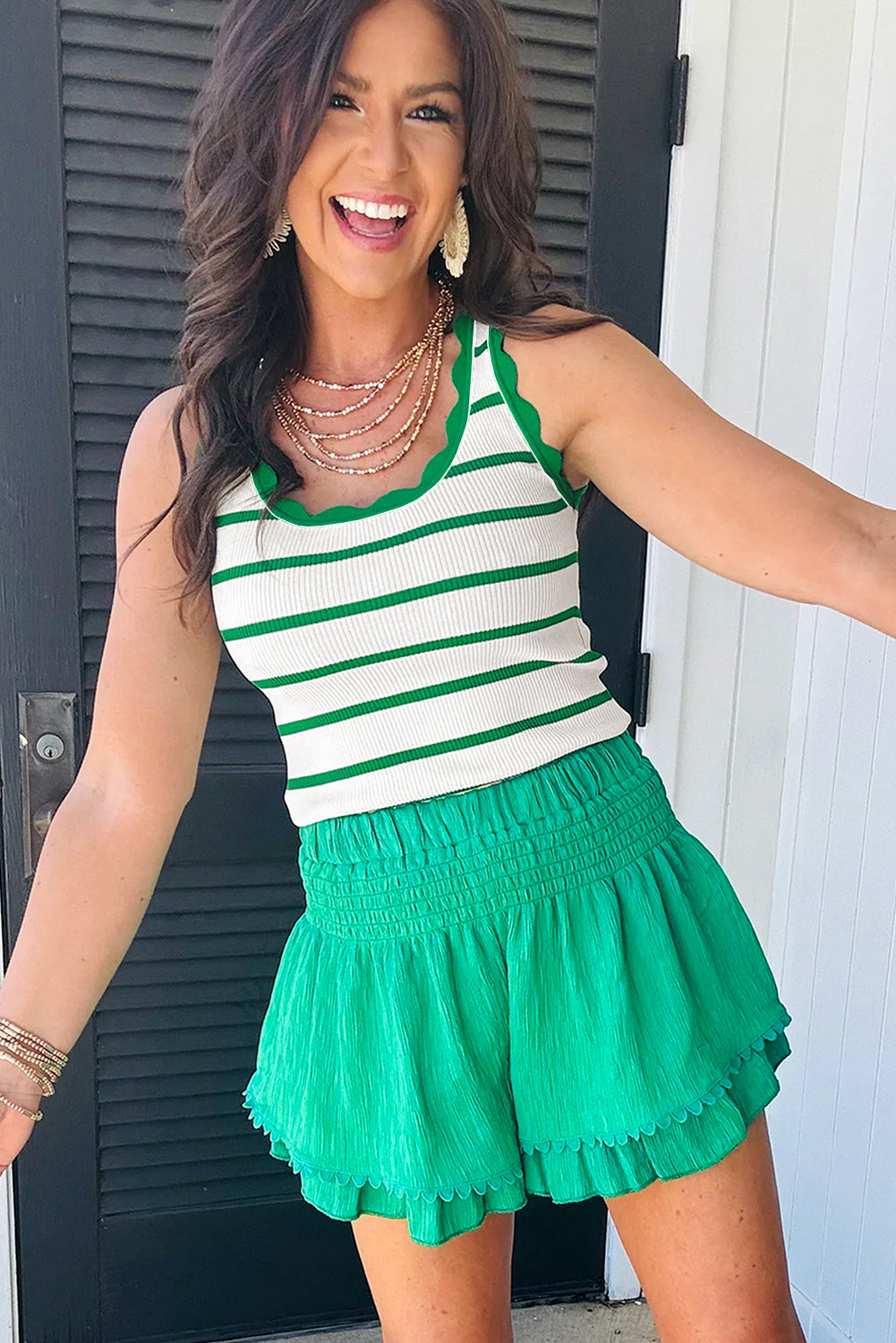 Bright Green Scalloped Edge Striped Ribbed Tank Top