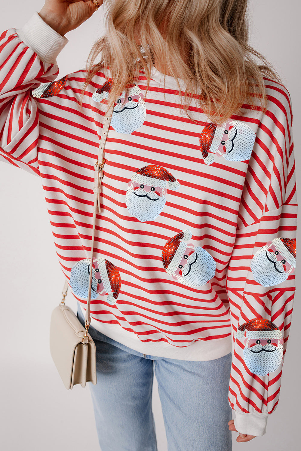 Orange Stripe Sequin Santa Claus Patch Application Loose Fitting Sweatshirt