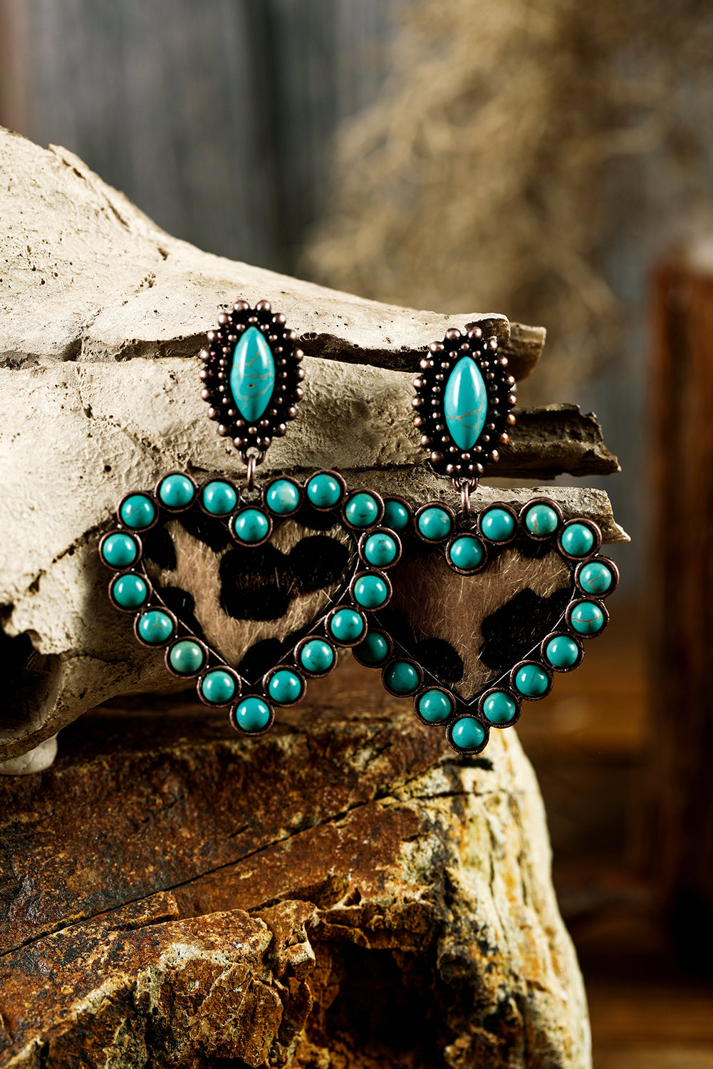 Turquoise Leopard Print Heart Shape Dangle Earrings