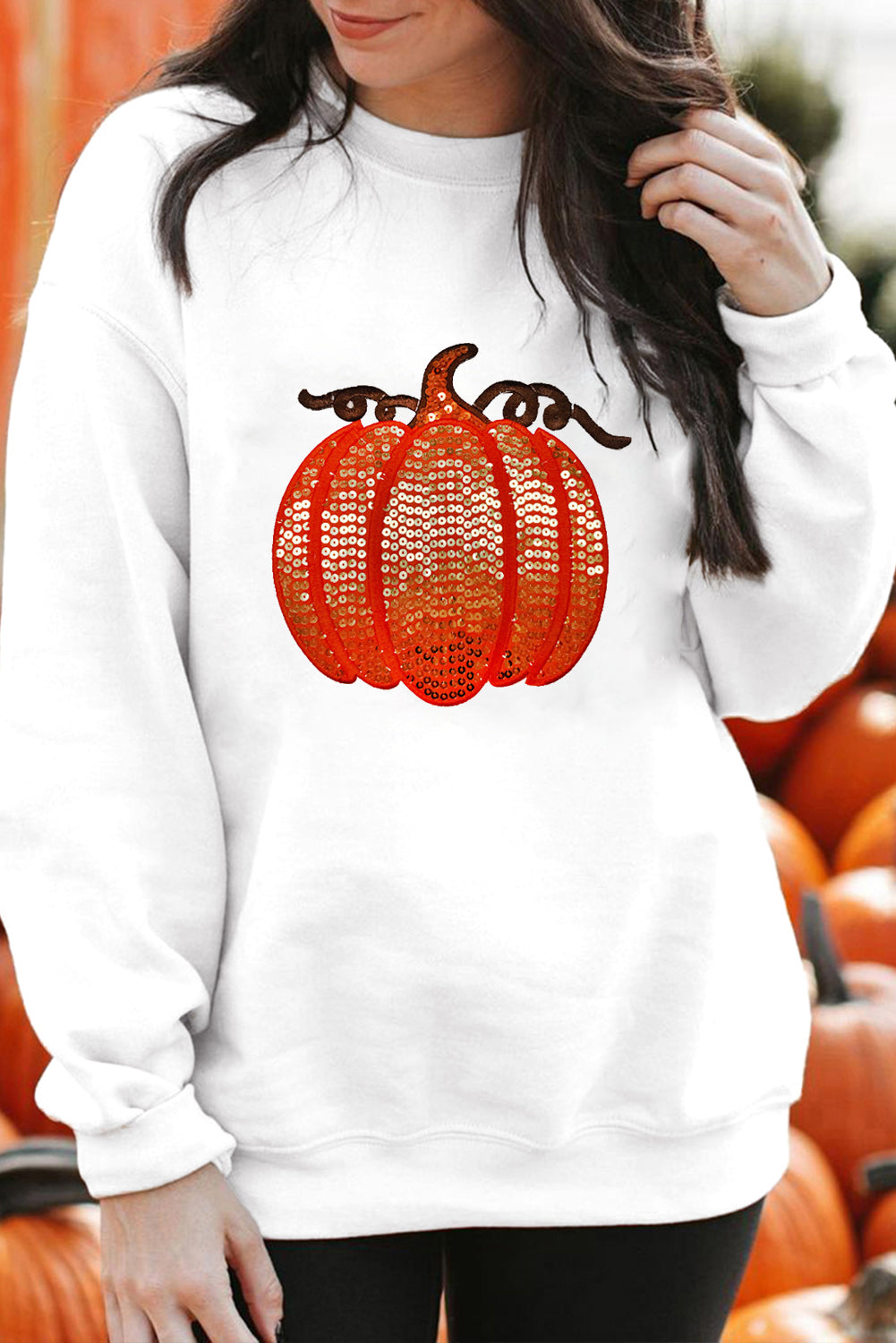White Sequin Pumpkin Patched Casual Pullover Graphic Sweatshirt