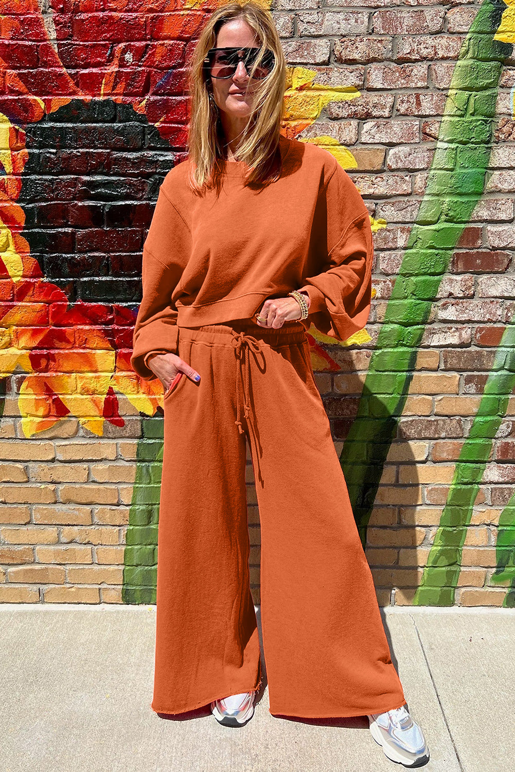 Flamingo Drop Shoulder Crop Pullover Drawstring Wide Leg Pants Set