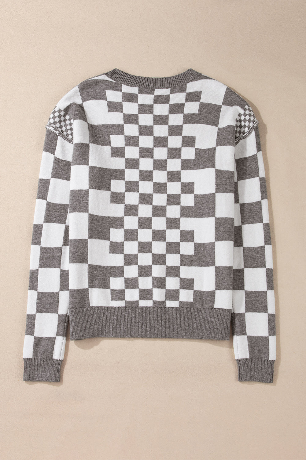Brown Checkered Drop Shoulder Round Neck Sweater