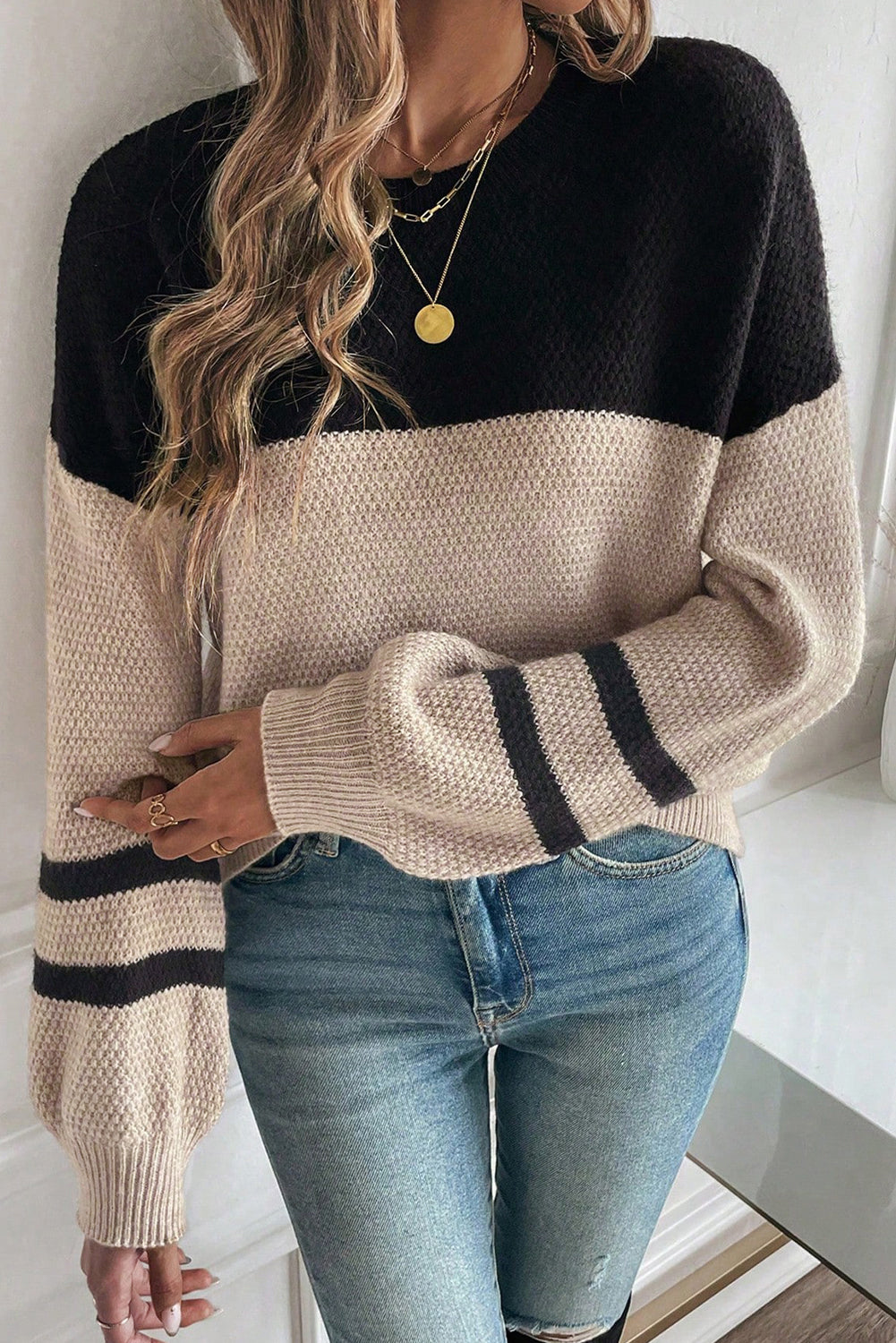Parchment Colorblock Striped Sleeve Detail Knit Sweater