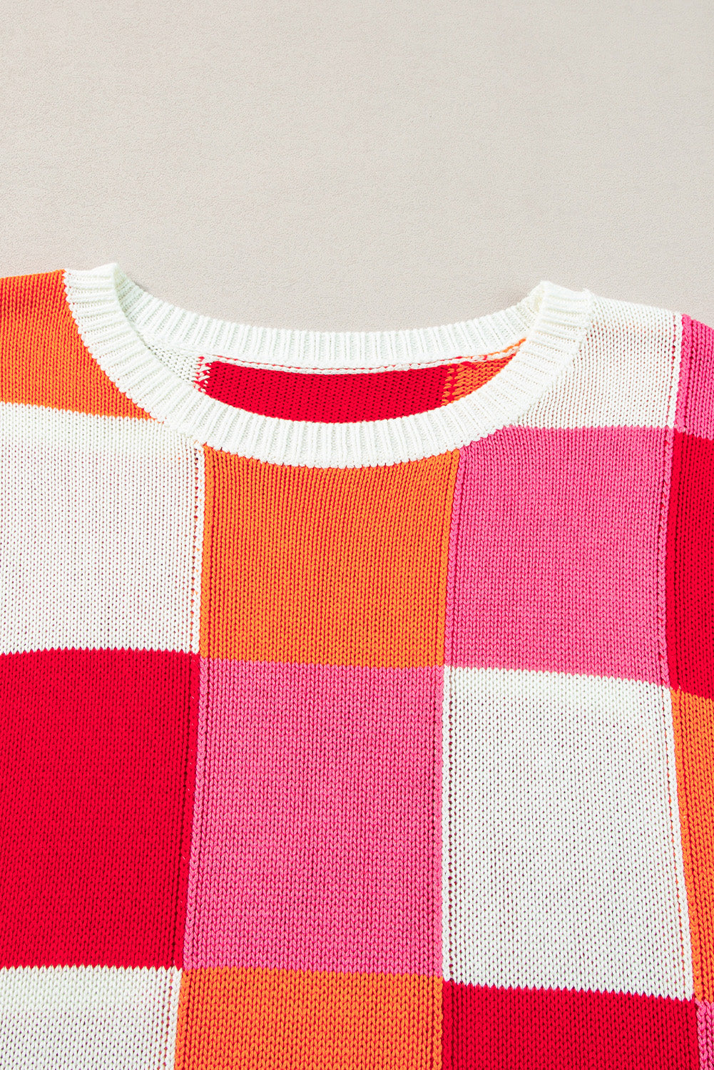 Fiery Red Checkered Color Block Cap Sleeve Knitted Top