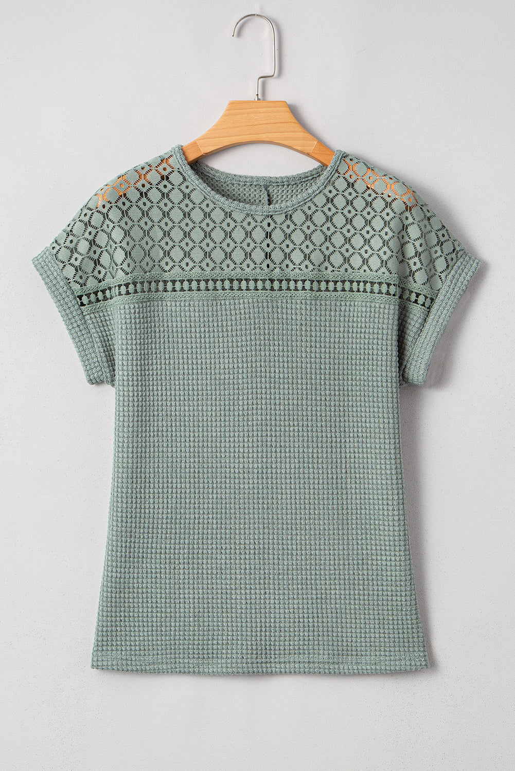 Mist Green Hollow Patchwork Waffle Knit Top