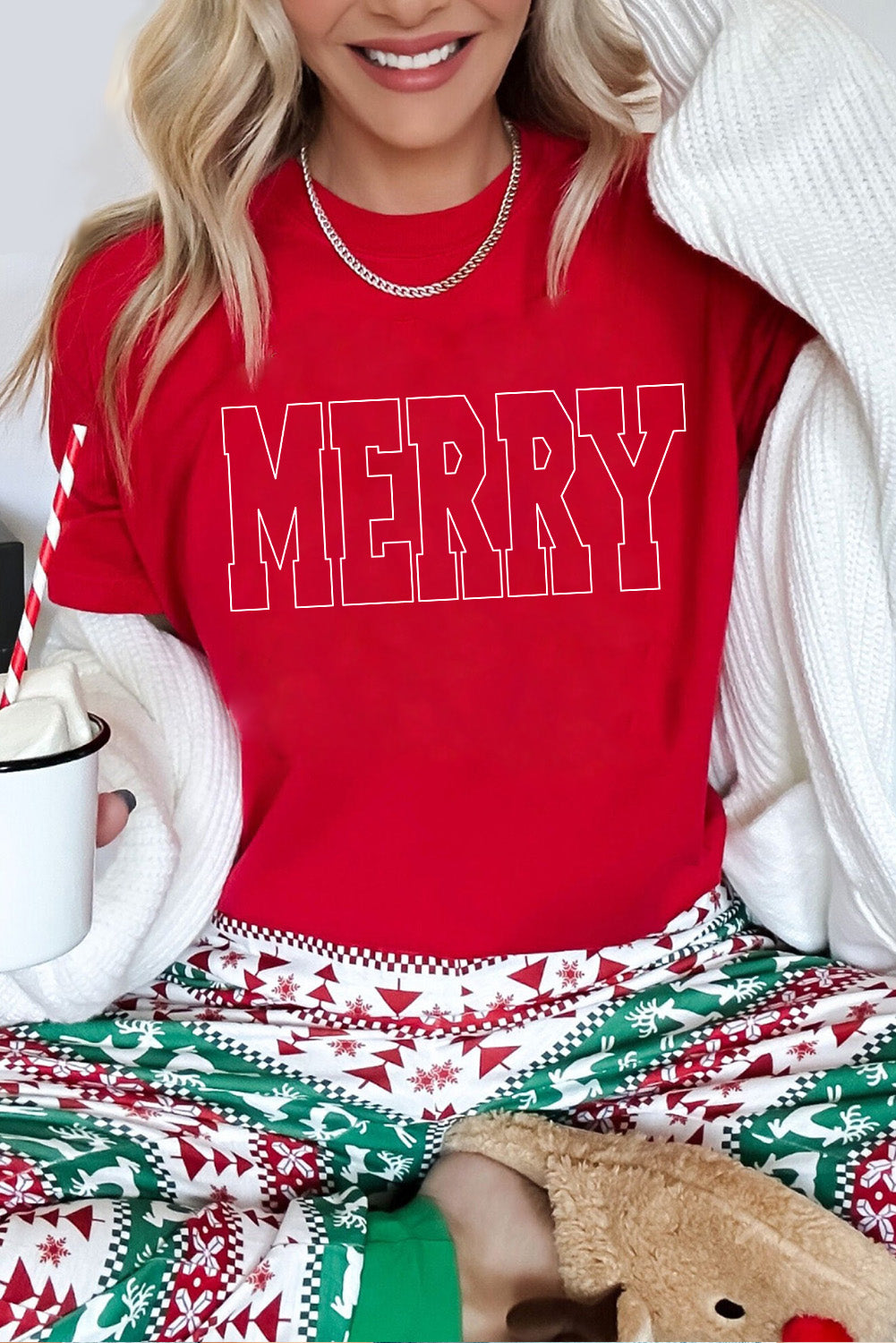 Red MERRY Crewneck Christmas Graphic Tee