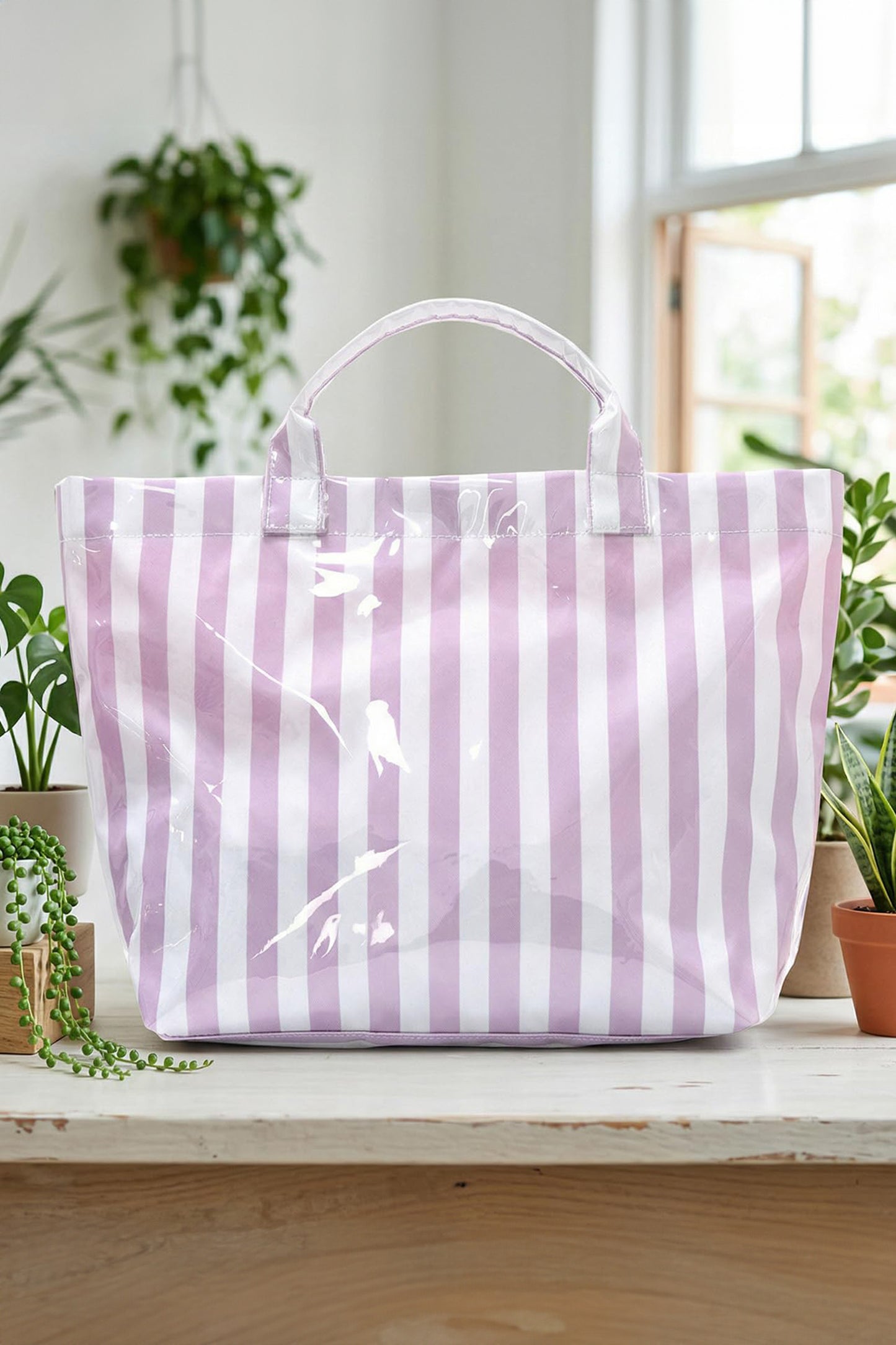 Pink Glossy Striped Vinyl Large Tote Bag