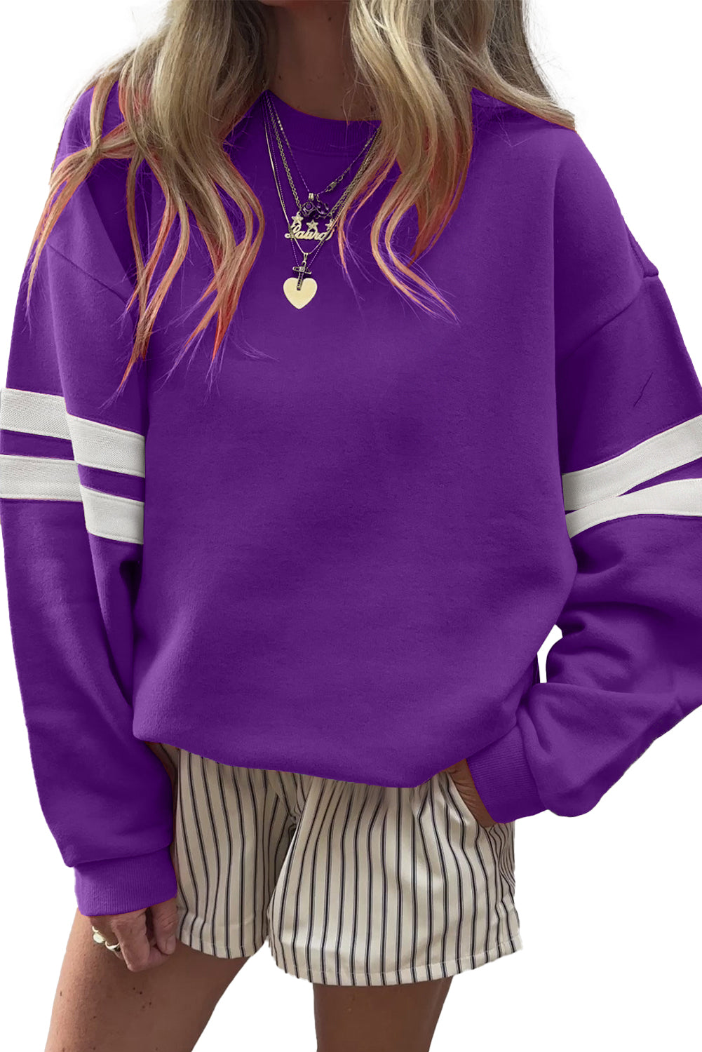 Tillandsia Purple Preppy Striped Sleeve Loose Sweatshirt