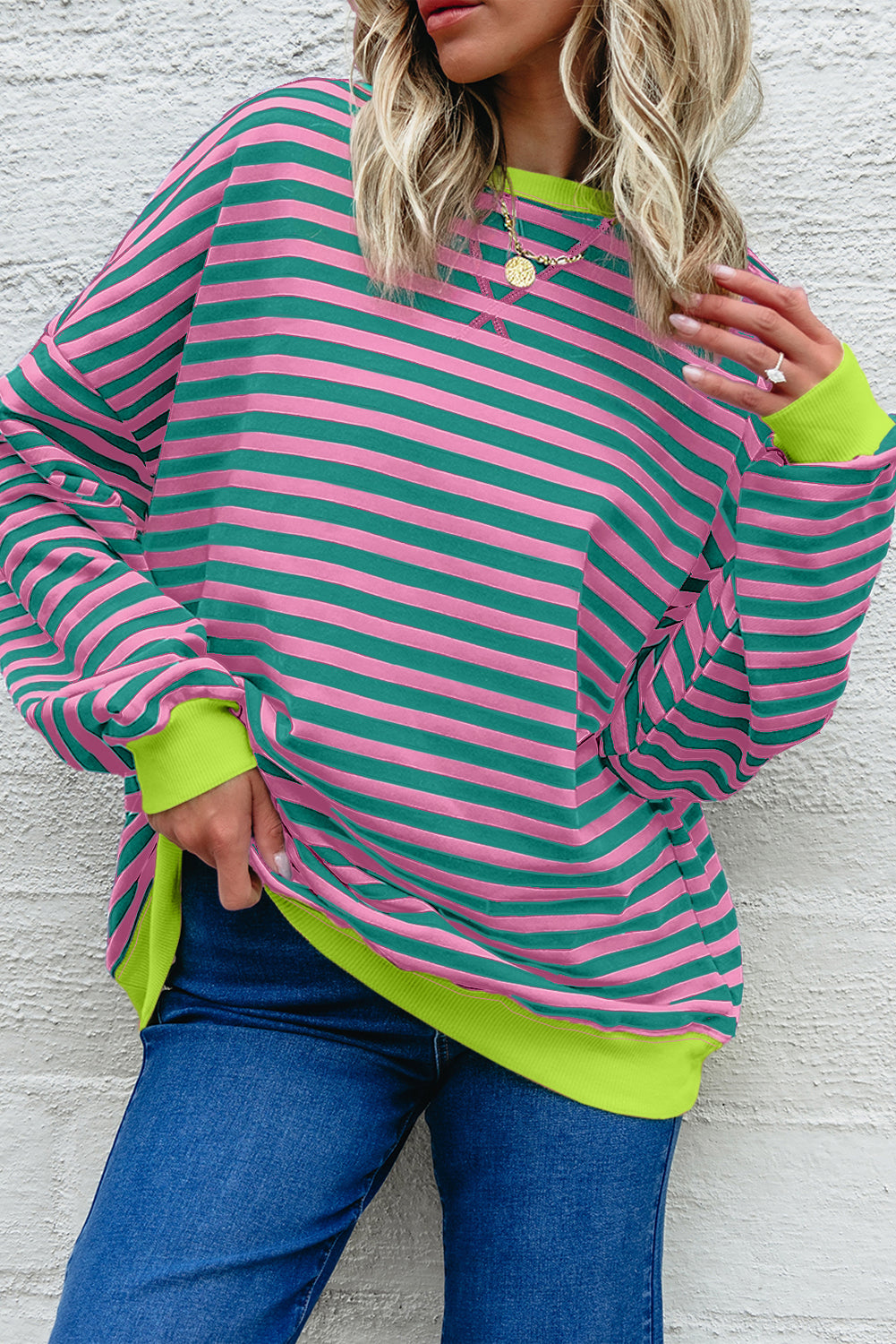 Sky Blue Striped Contrast Trim Drop Shoulder Sweatshirt