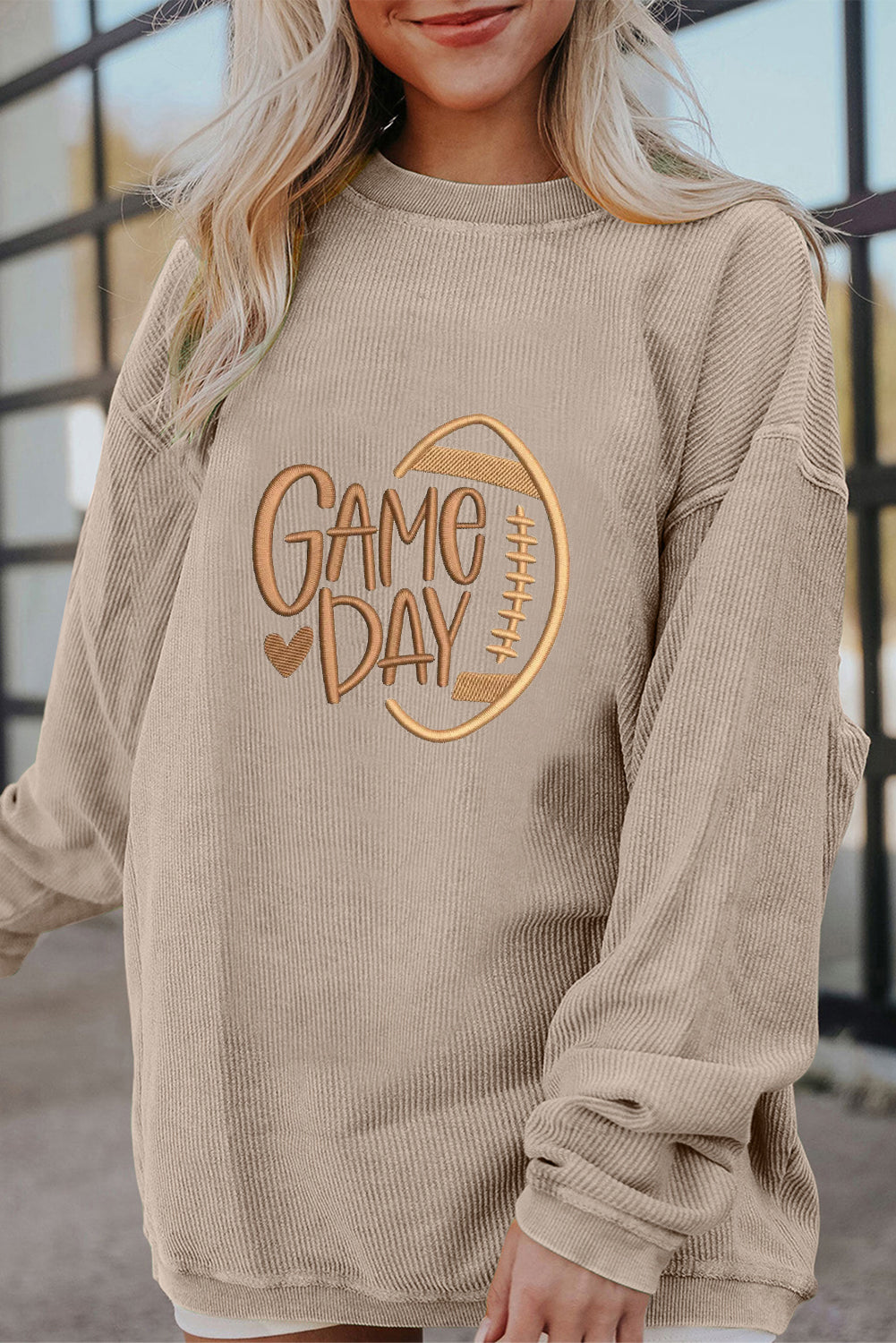 Smoke Gray Twisted Rib Texture game day Rugby Embroidered Baggy Sweatshirt