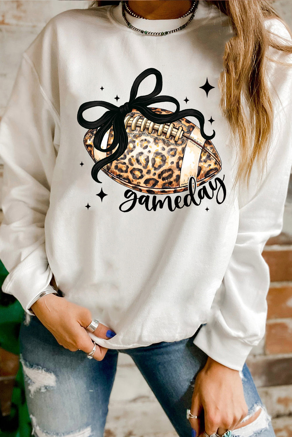 White Game Day Leopard Football Crew Neck Sweatshirt