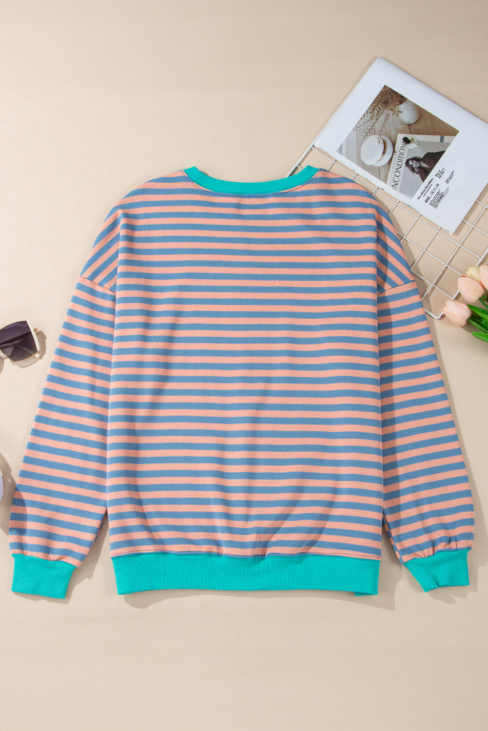 Sky Blue Striped Contrast Trim Drop Shoulder Sweatshirt