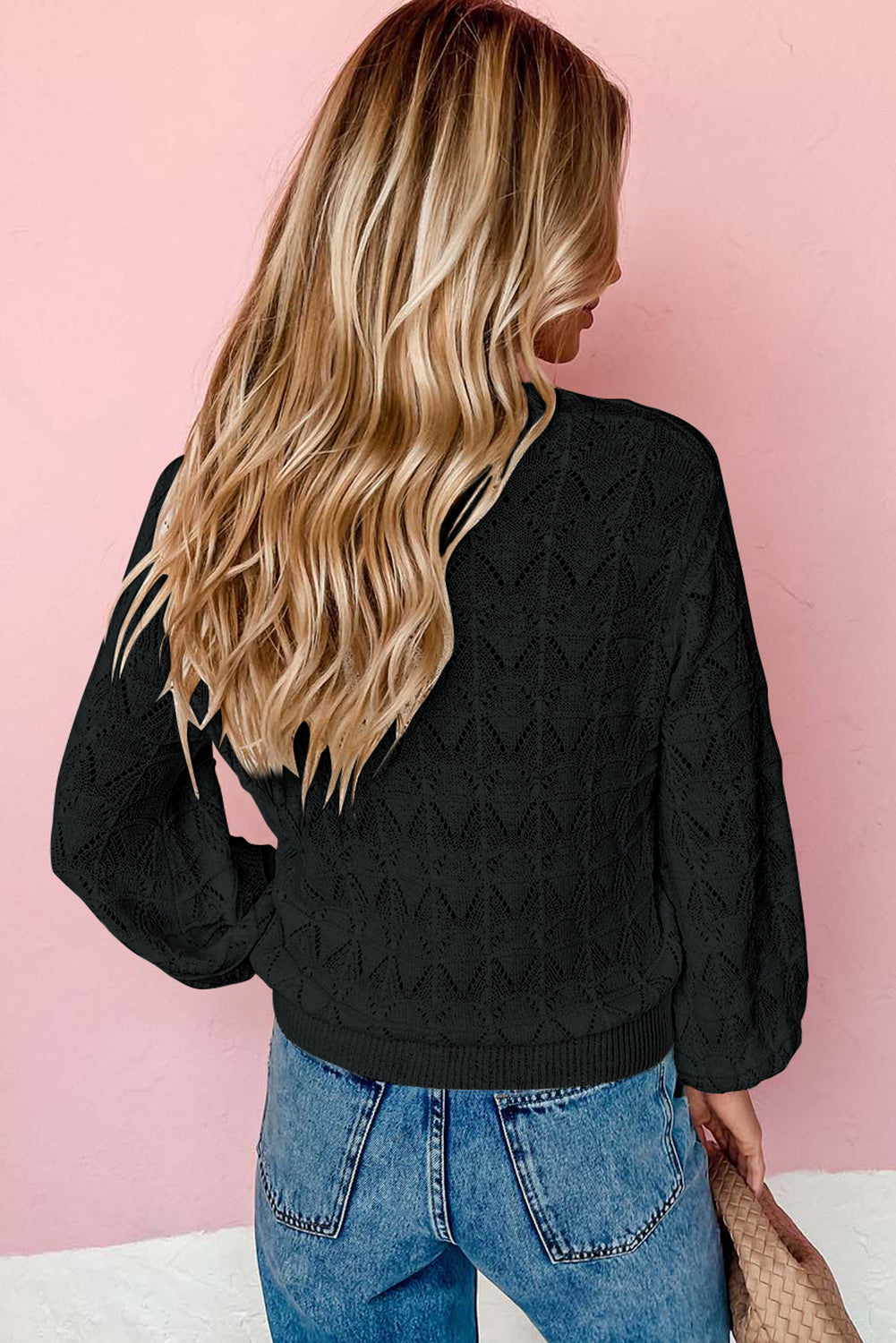 Black Lightweight Buttoned Front Crochet Cardigan