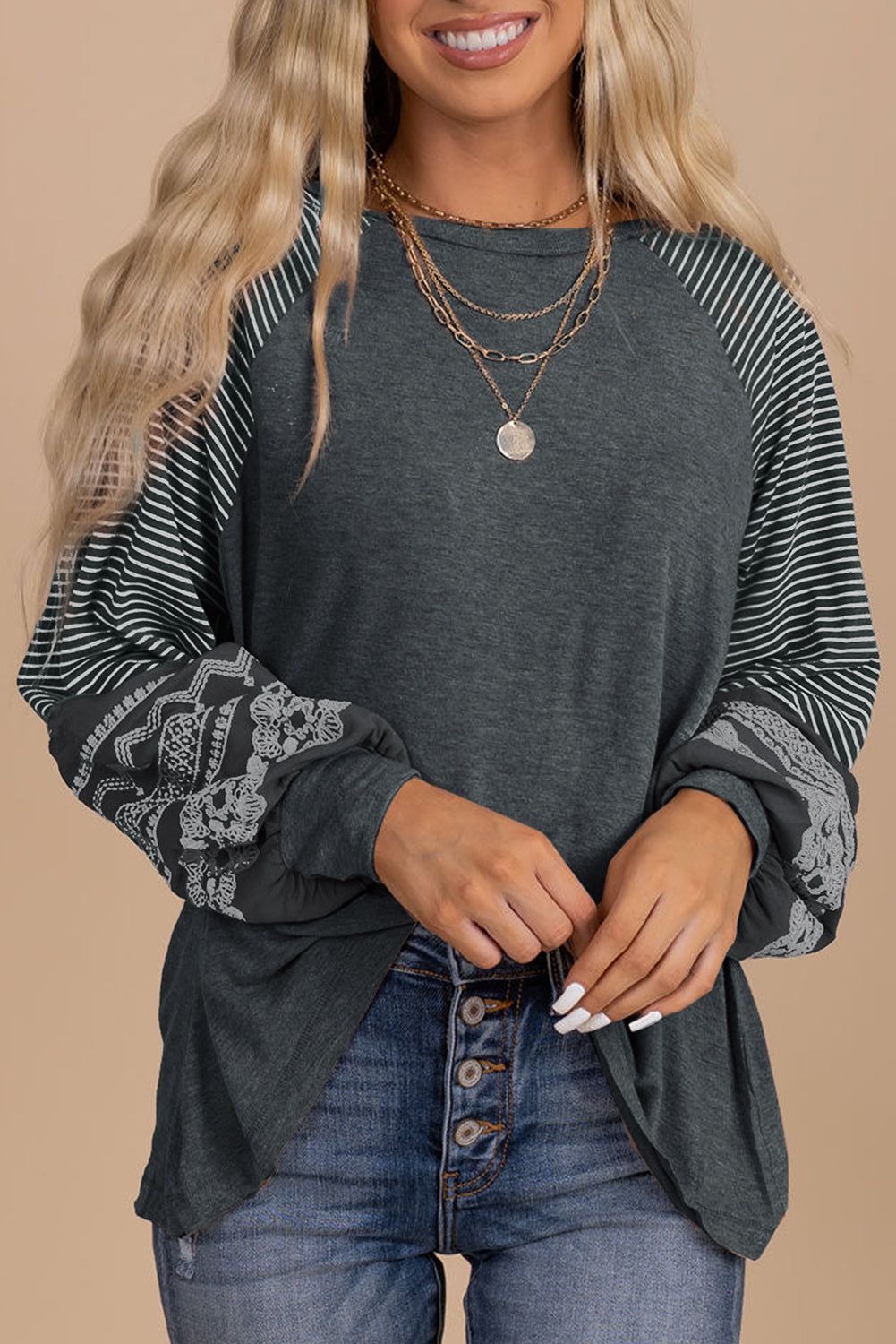 Brown Contrast Print Striped Raglan Long Sleeve Loose Top