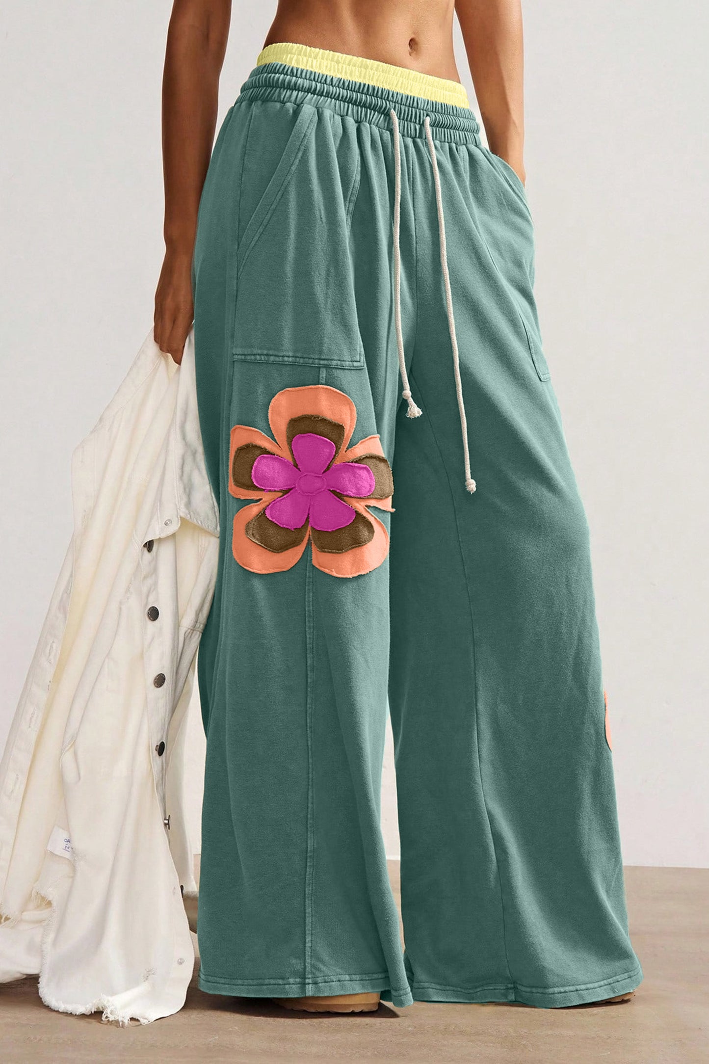 Block Flower Patchwork Drawstring Contrasted Elastic Waist Wide Leg Pants