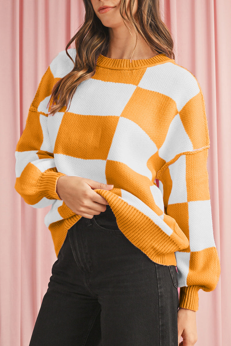 Pink Checked Bishop Sleeve Pullover Sweater