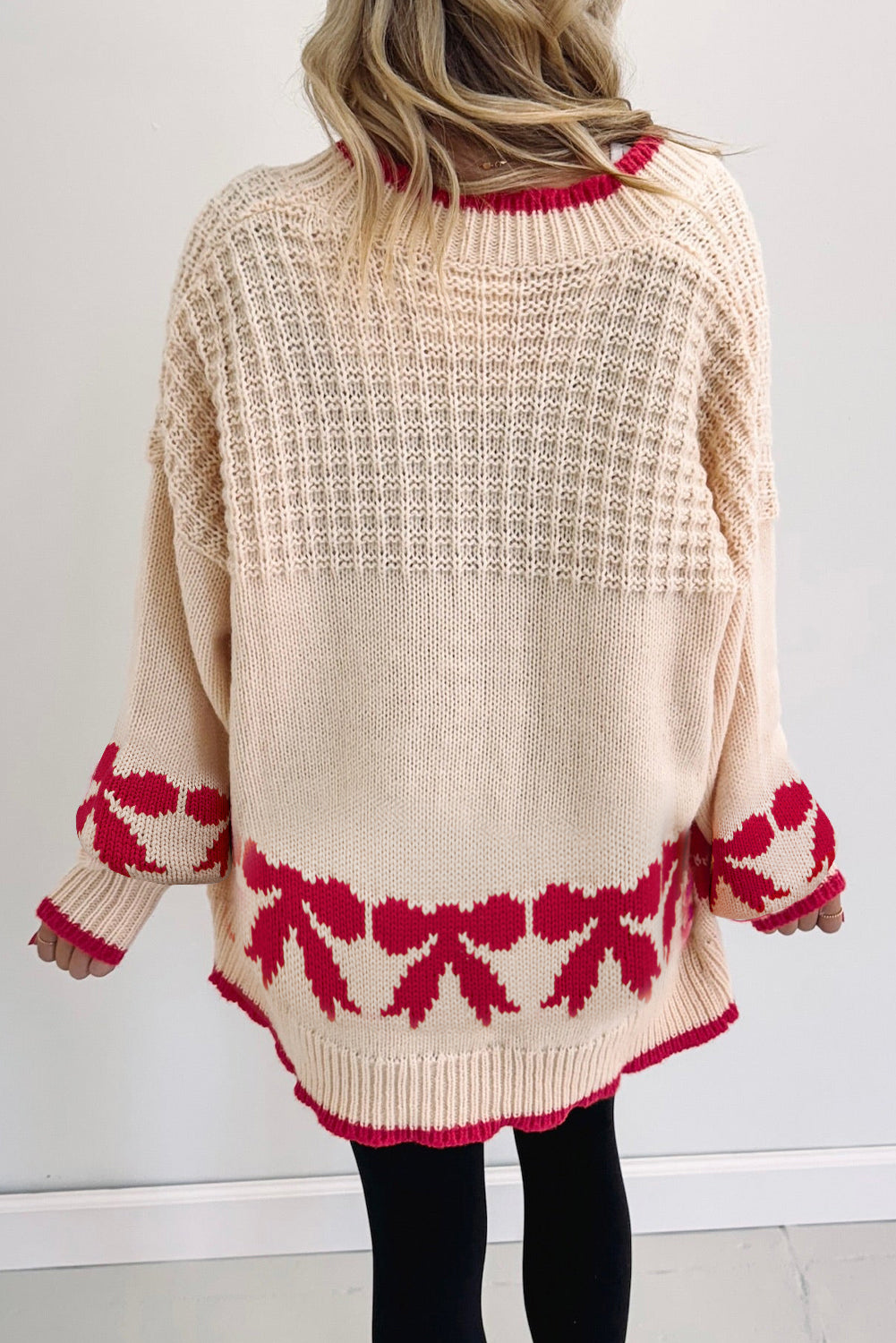 Apricot Bow Pattern Textured Open Front Baggy Cardigan