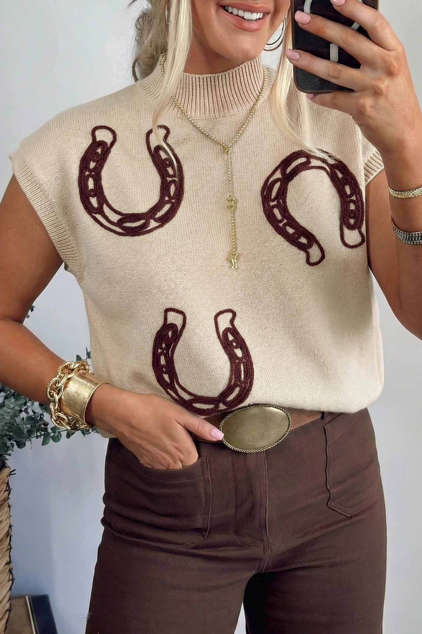 Bright Corded Horseshoes Ribbed Trim Mock Neck Short Sleeve Sweater