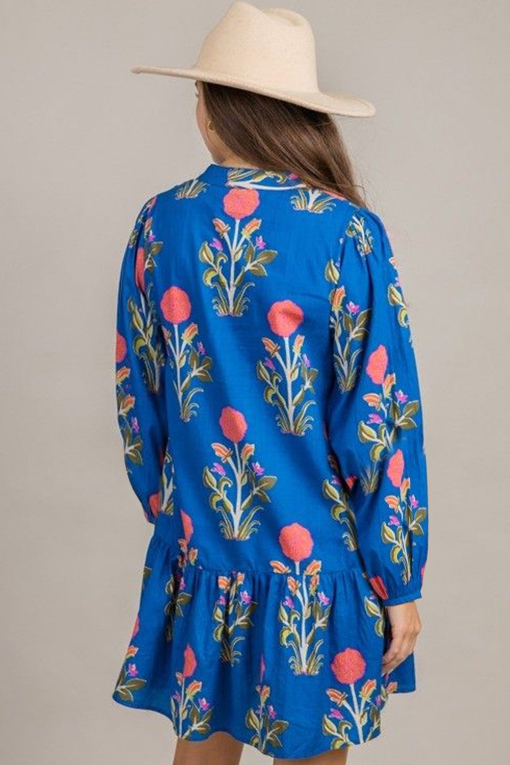 Sky Blue Floral Print Pop of Color V Neck Mini Dress