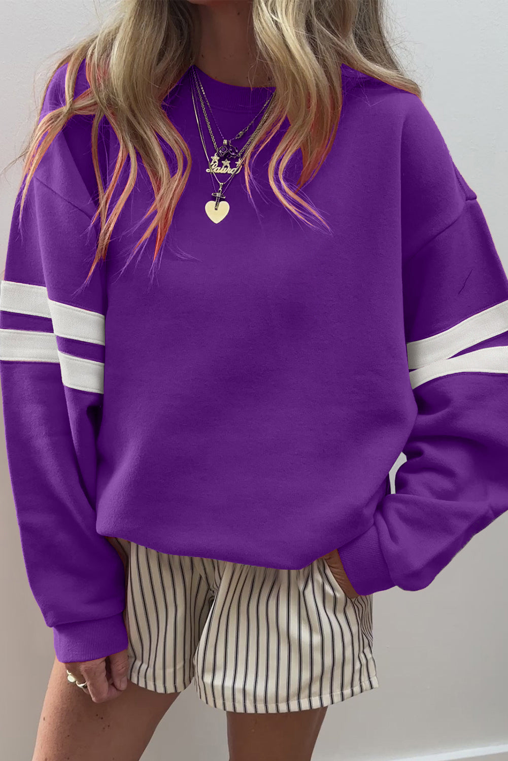 Tillandsia Purple Preppy Striped Sleeve Loose Sweatshirt