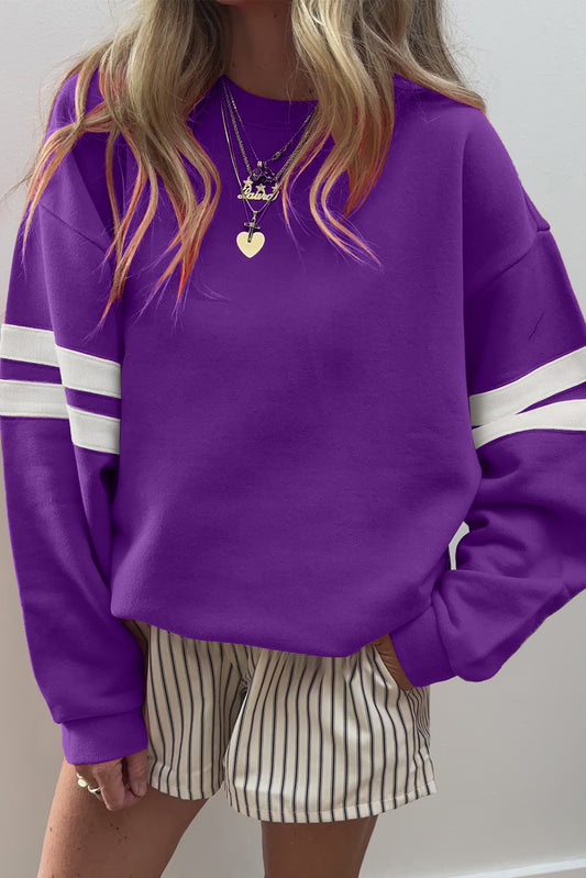 Tillandsia Purple Preppy Striped Sleeve Loose Sweatshirt