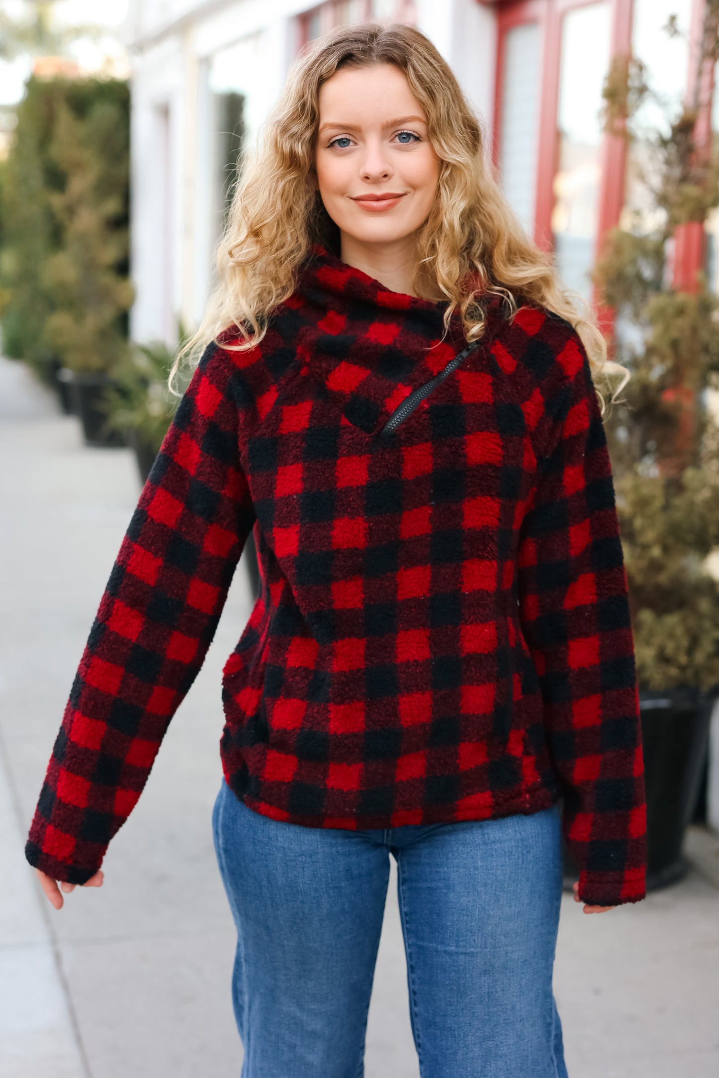 Cozy in Plaid Red Sherpa Sweater