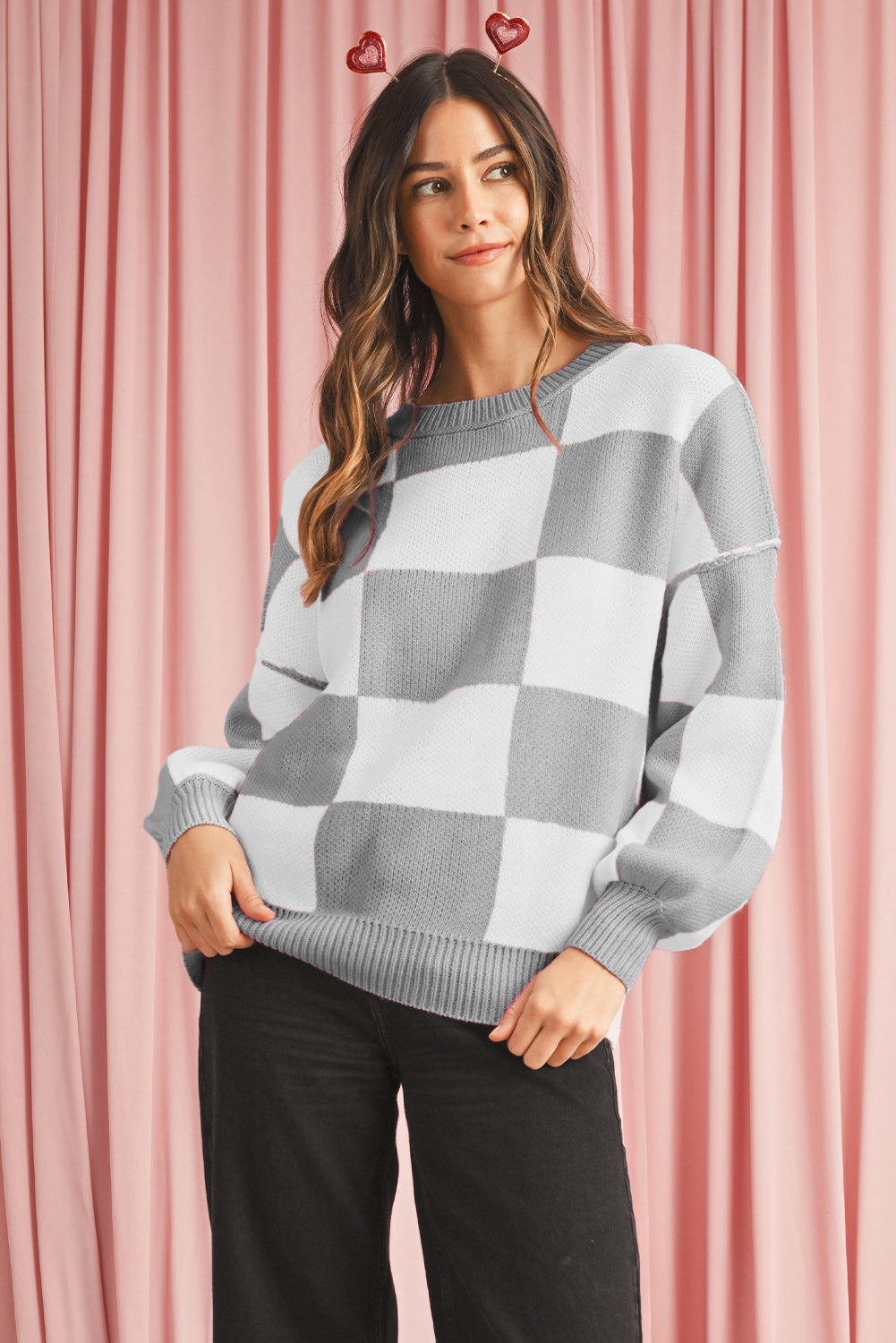 Pink Checked Bishop Sleeve Pullover Sweater