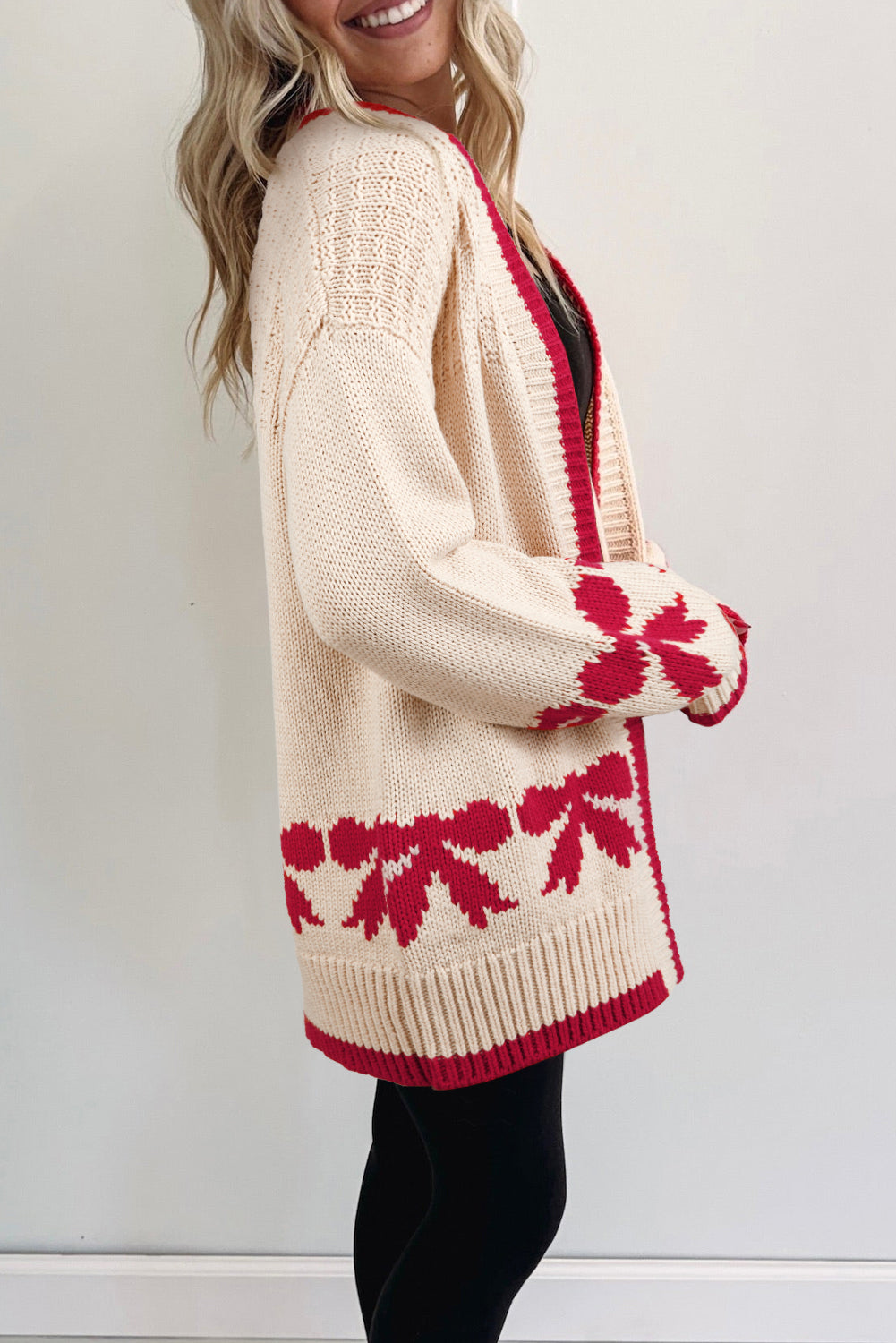 Apricot Bow Pattern Textured Open Front Baggy Cardigan