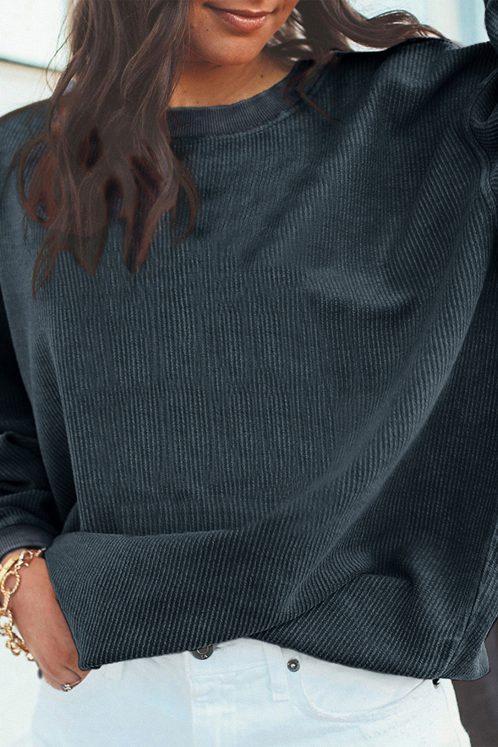 Light Pink Plain Drop Sleeve Crinkle Rib Oversized Sweatshirt