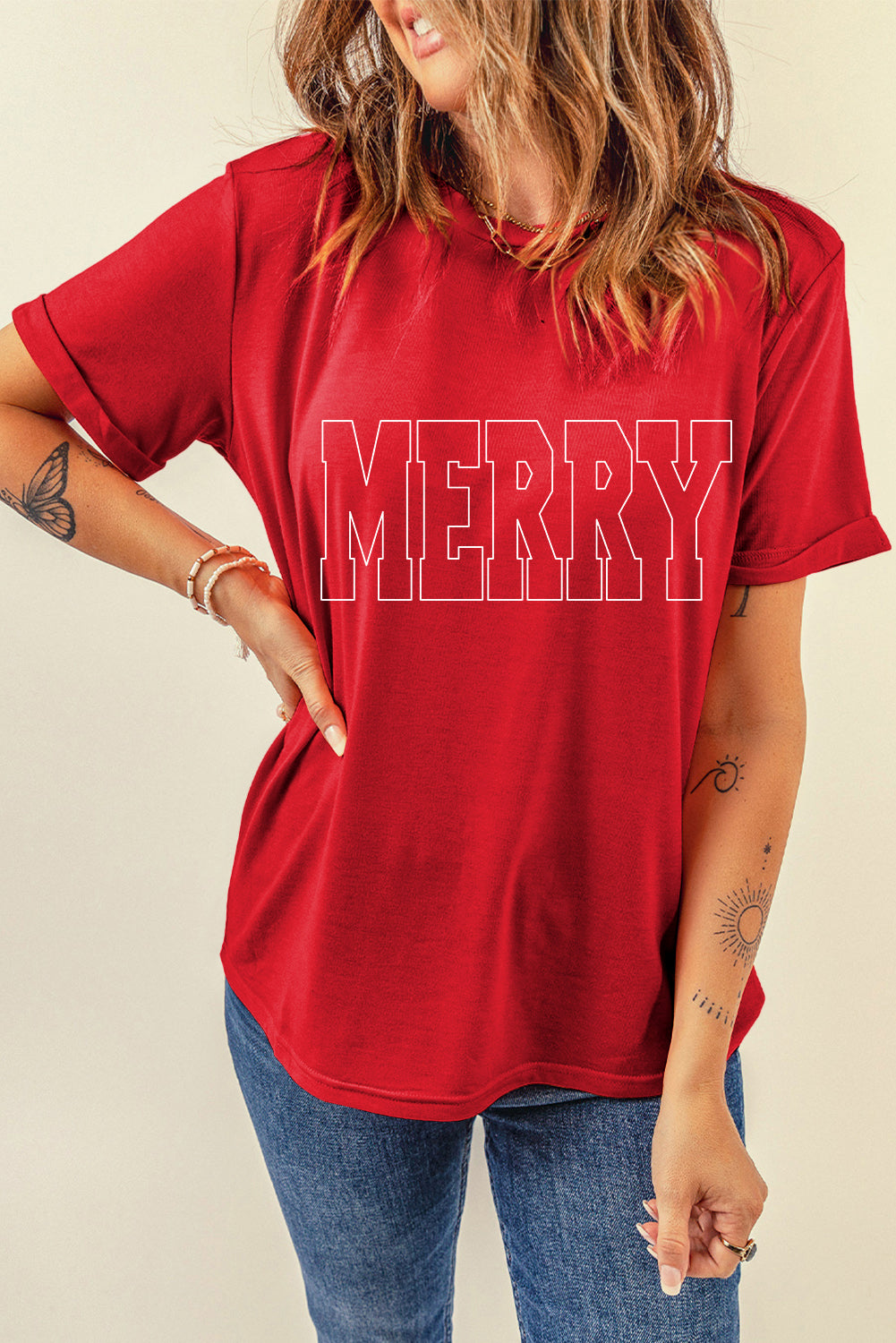 Red MERRY Crewneck Christmas Graphic Tee