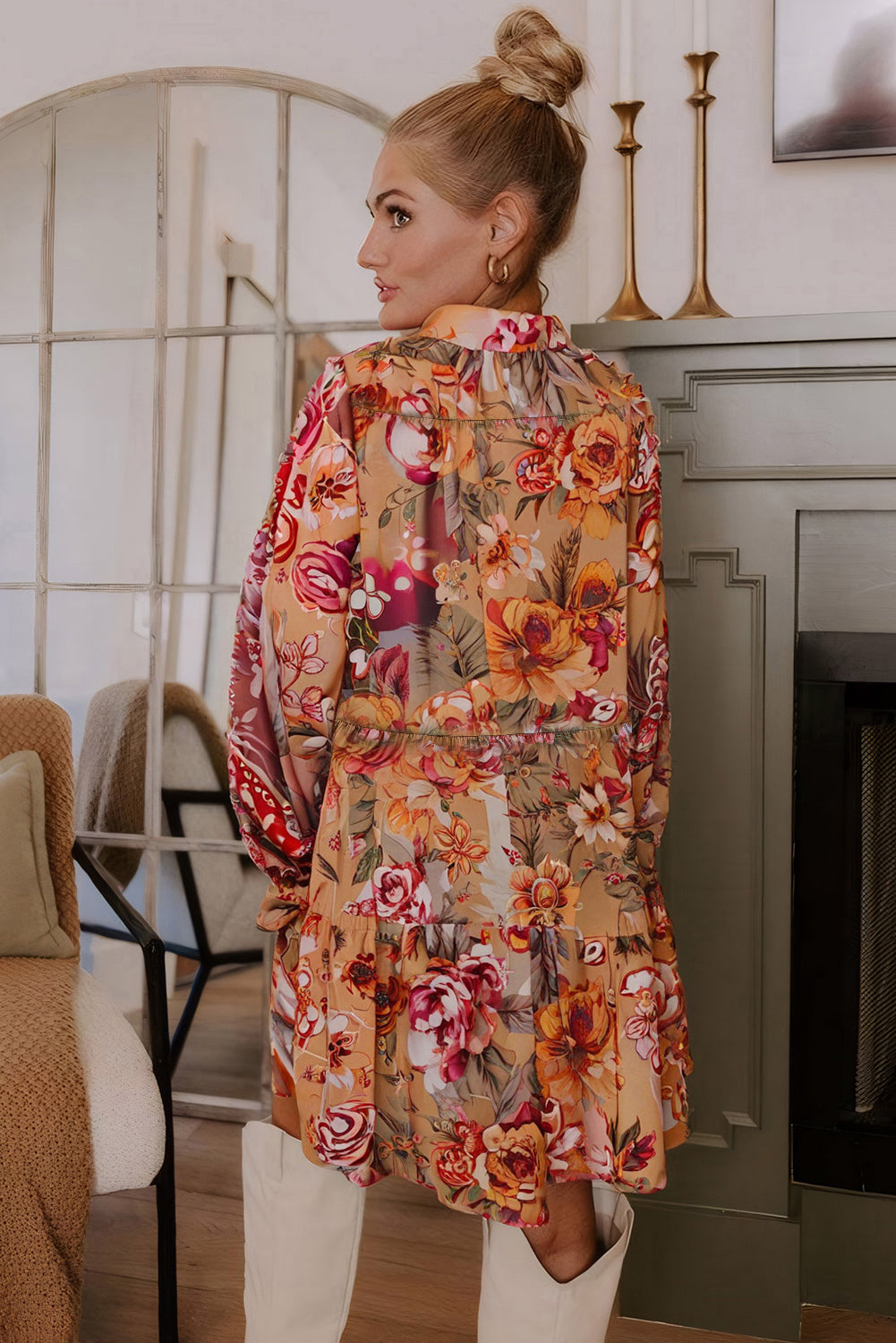 Brown Floral Print Shirt Style Long Sleeve Ruffle Mini Dress