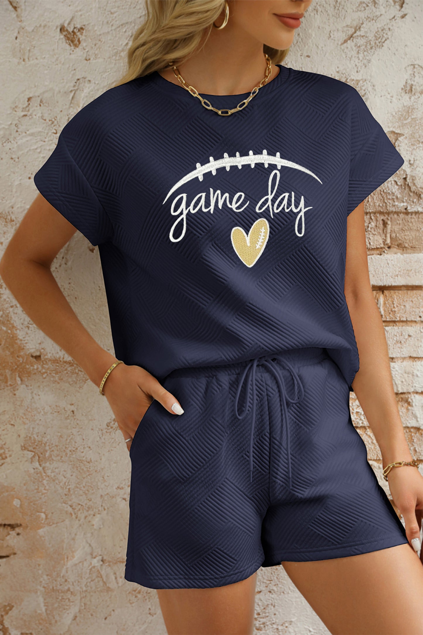 Navy Blue Stylish Textured Game Day Embroidered Two Piece Shorts Set