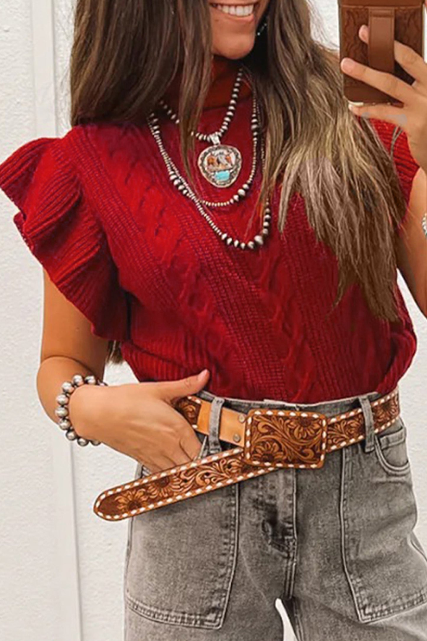 Cable Knit Turtleneck Ruffled Short Sleeve Sweater