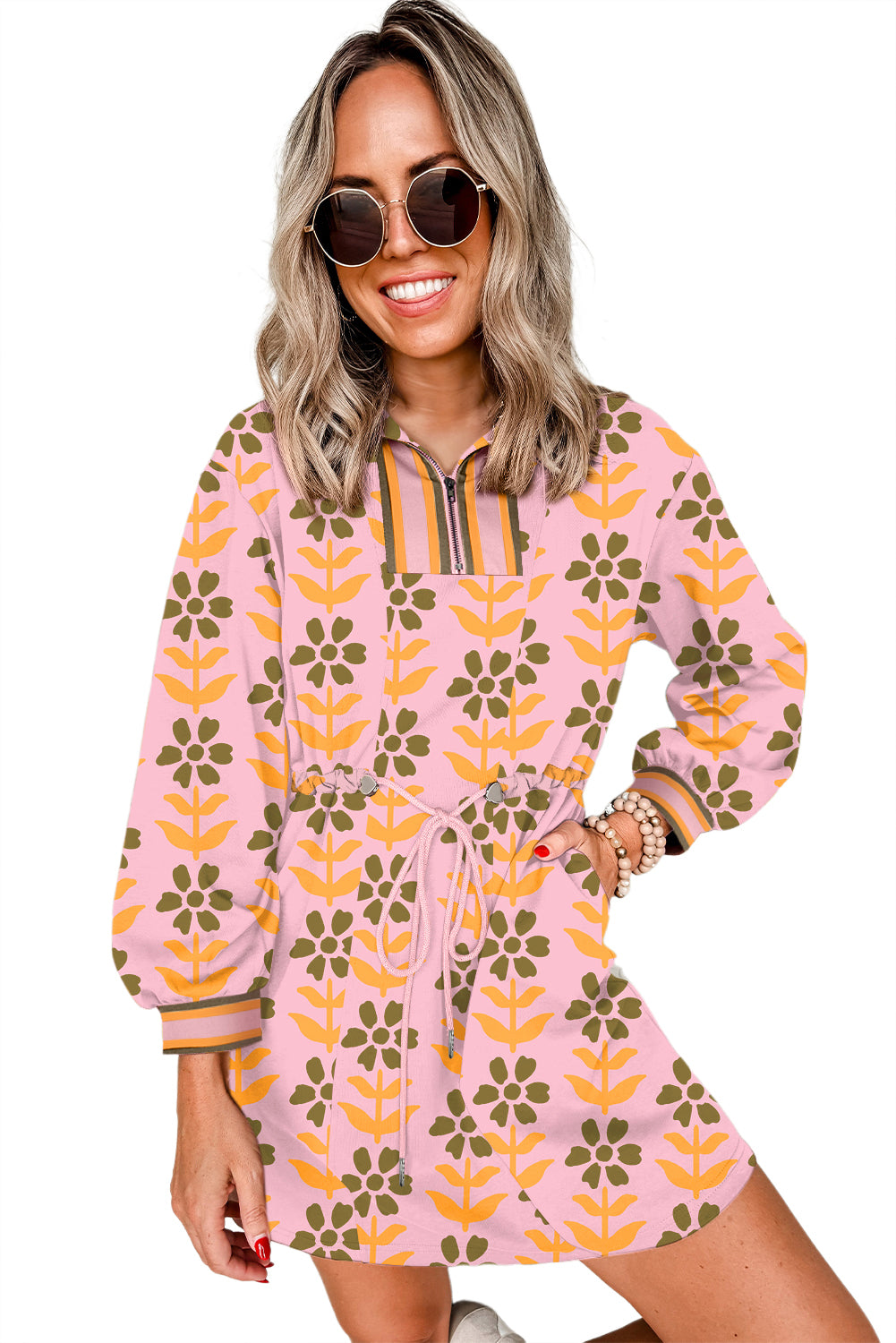 Pink Floral Print Zip Neck Striped Patchwork Long Sleeve Drawstring Dress