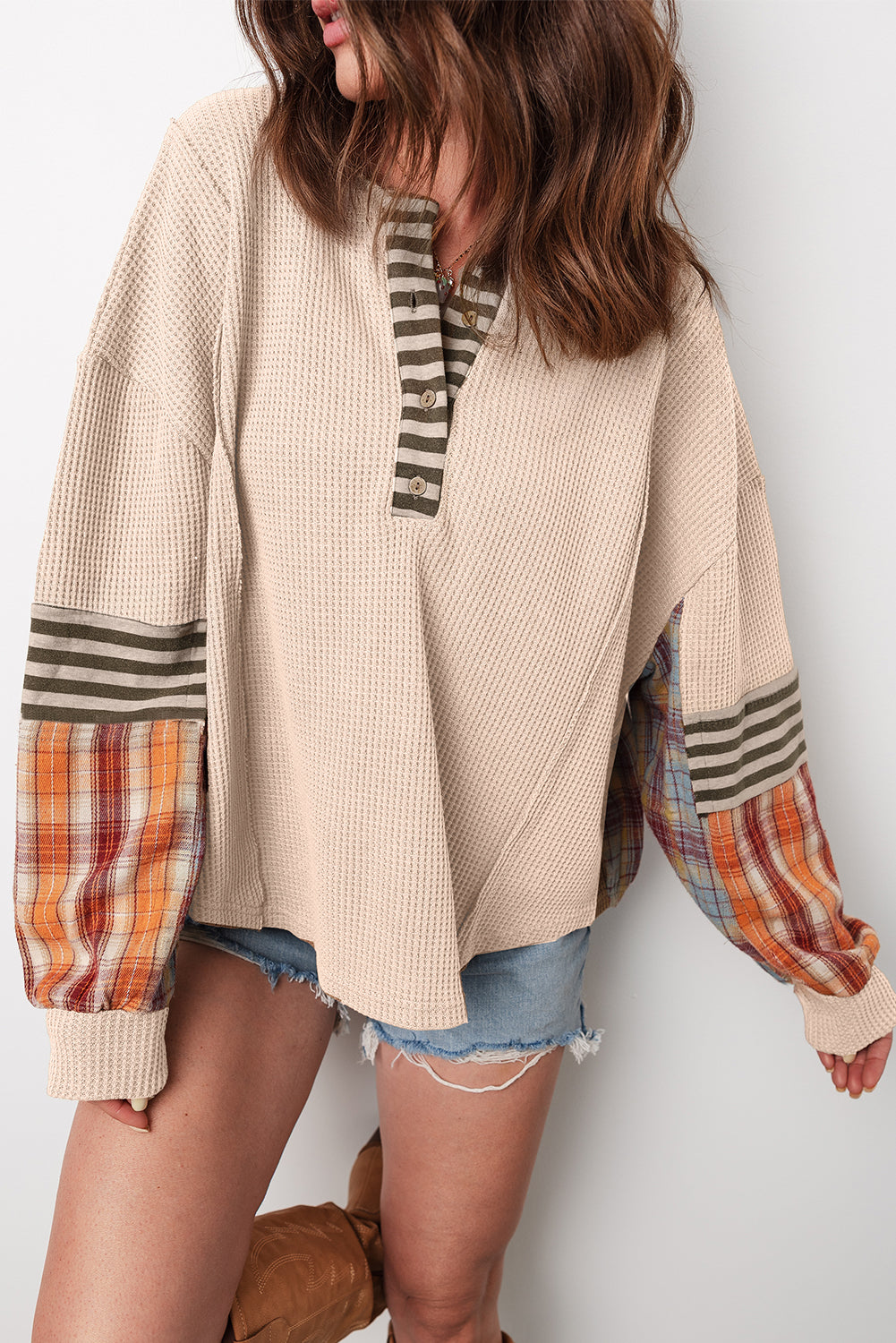 Straw Yellow Waffle Stripe Plaid Patchwork Henley Top
