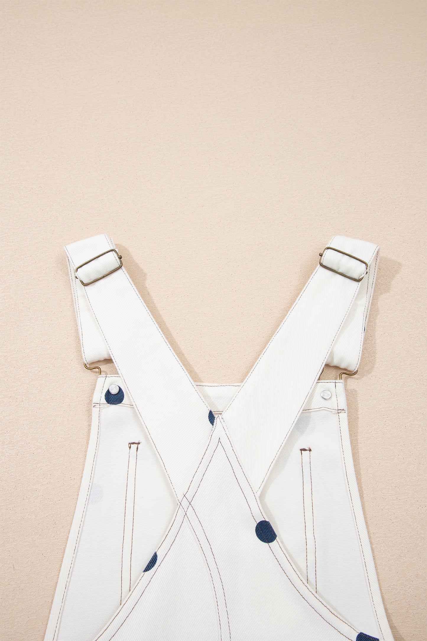 Light French Beige Polka Dot Print Bib Pocket Denim Barrel Overalls Jumpsuit