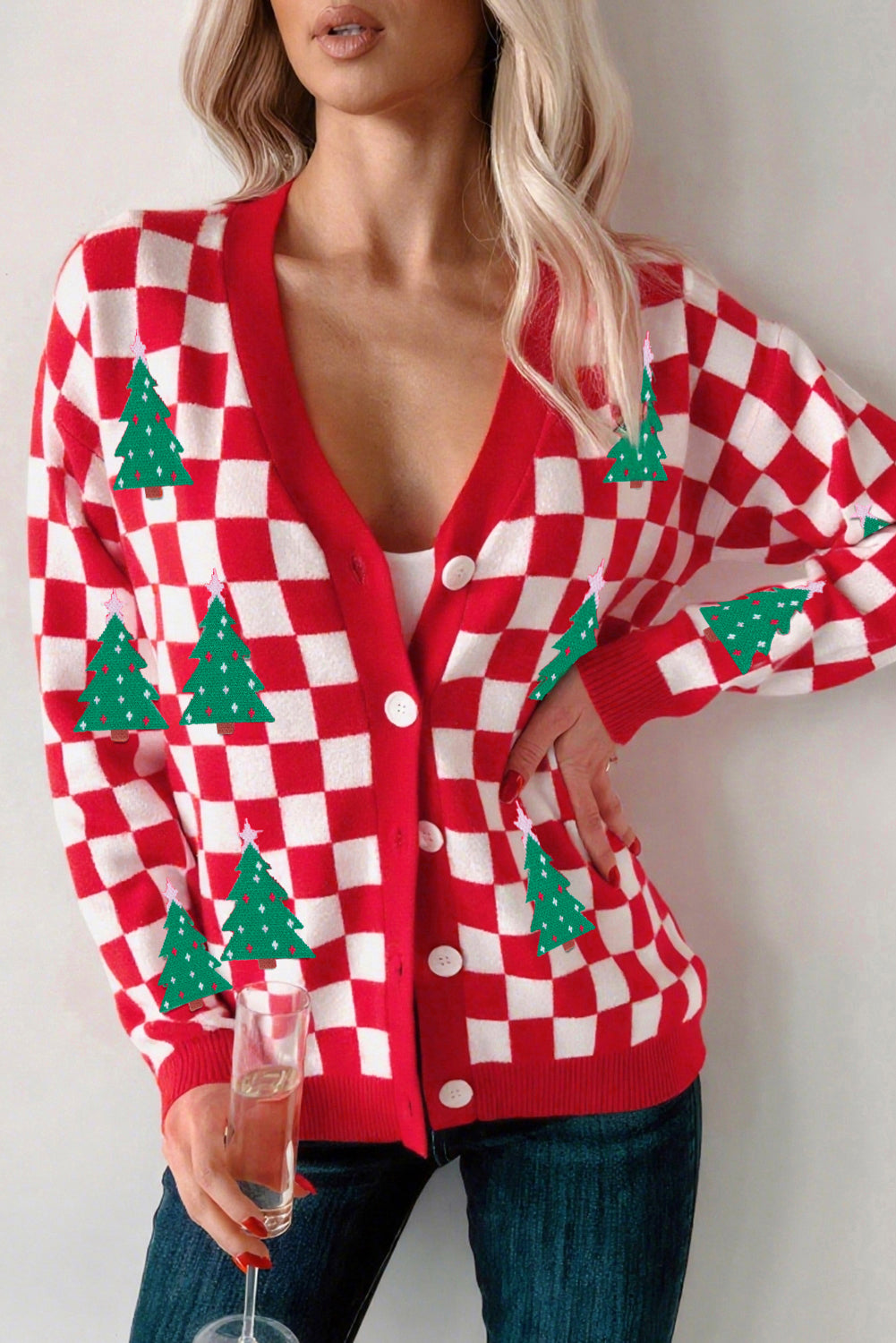 Red Checkered Christmas Tree Pattern Button V Neck Knit Cardigan