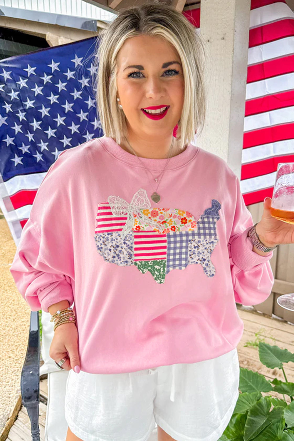 Pink Floral USA Map Patched Graphic Patriotic Sweatshirt