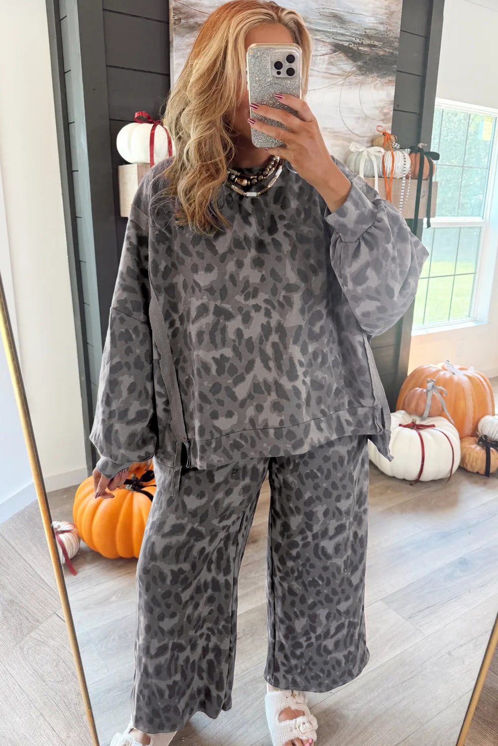 Brown Allover Leopard Print Pullover Drawstring Loose Pants Set