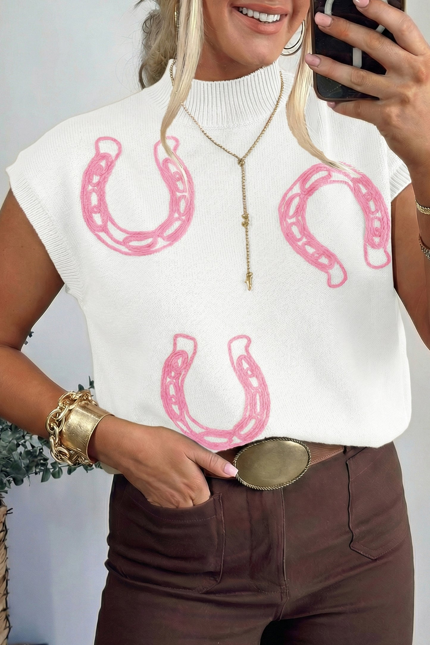 Bright Corded Horseshoes Ribbed Trim Mock Neck Short Sleeve Sweater
