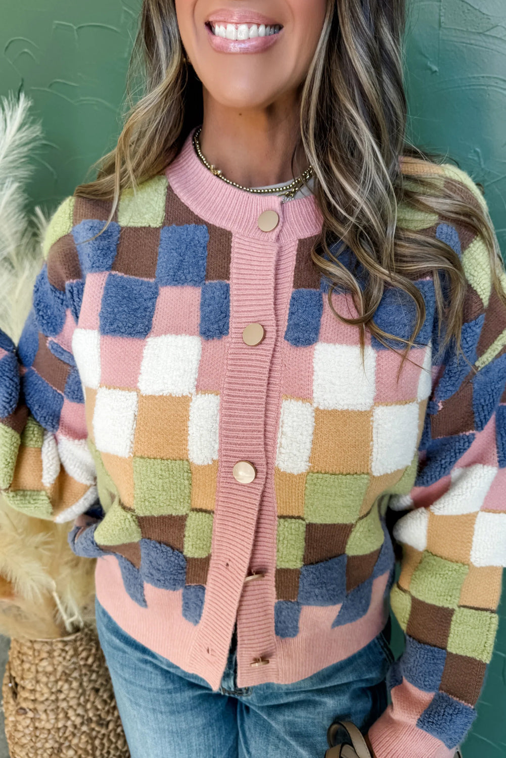 Multicolour Checkered Pattern Button Front Knit Cardigan